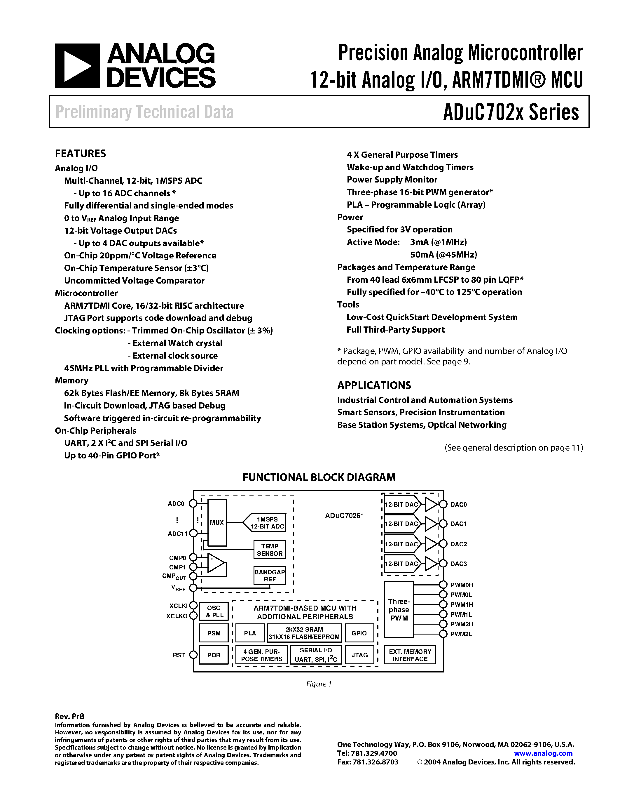 Даташит ADUC702 - Precision Analog Microcontroller 12-bit Analog I/O/ ARM7TDMI MCU страница 1