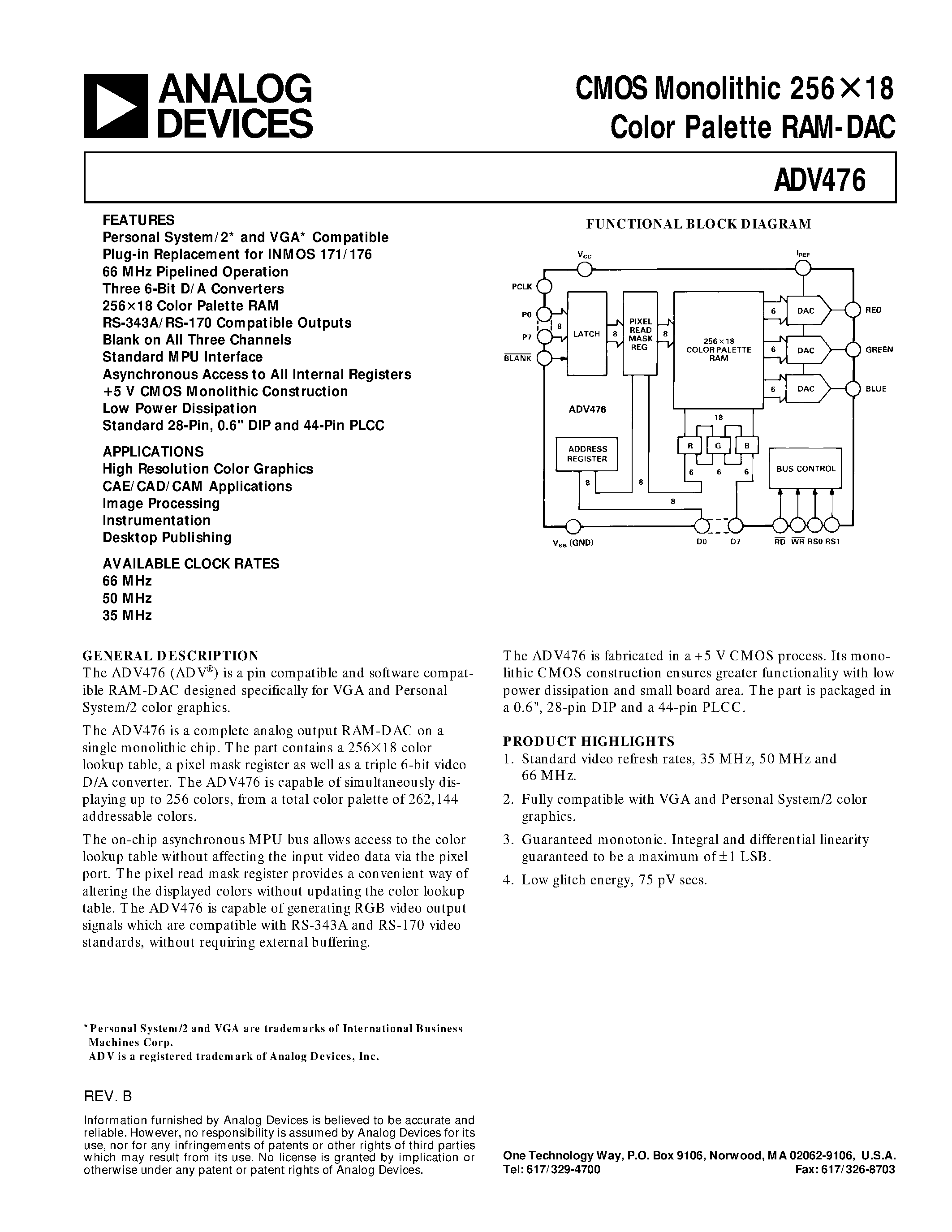 Datasheet ADV476KP66 - CMOS Monolithic 256x18 Color Palette RAM-DAC page 1