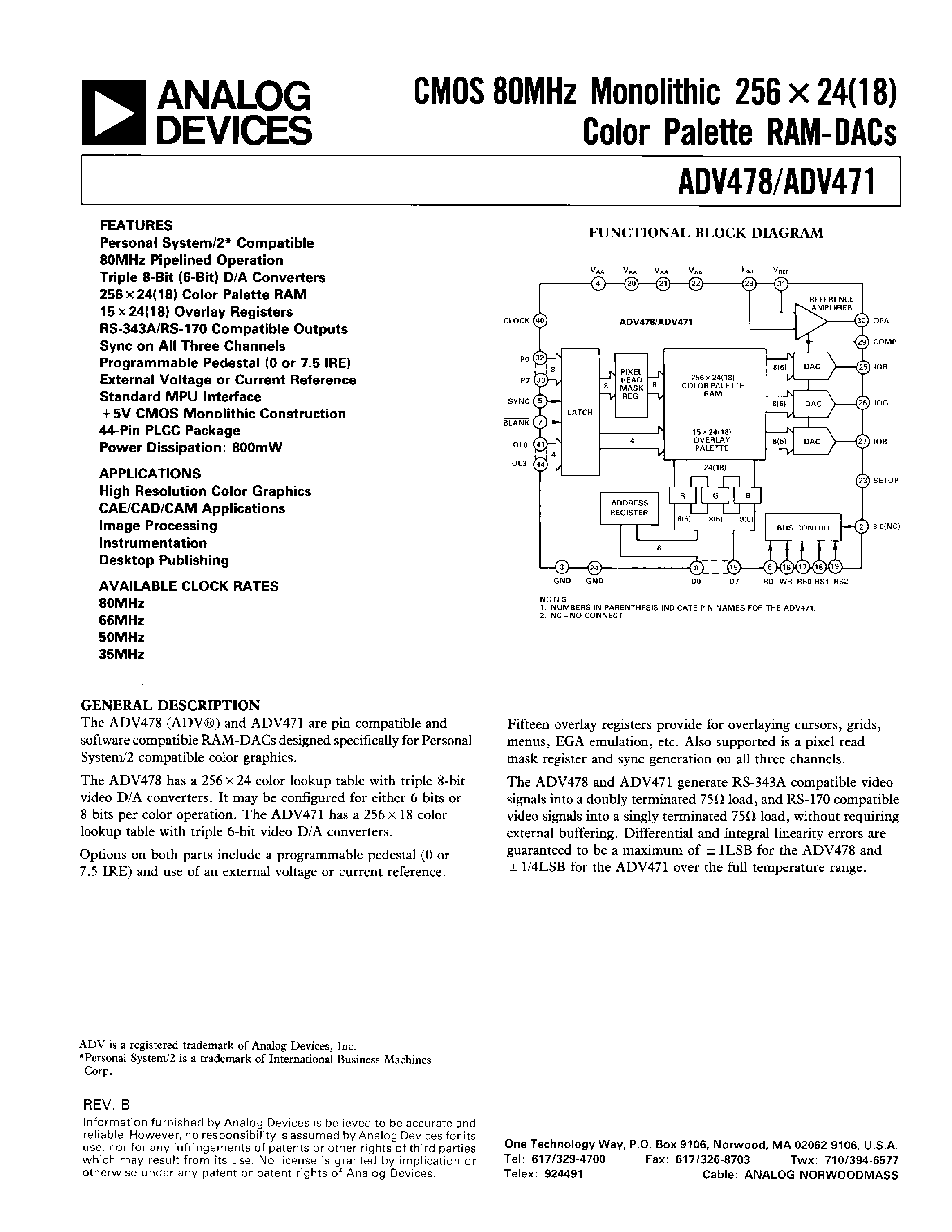 Datasheet ADV478KP35 - CMOS 80 MHz Monolithic 256 x 24(18) Color Palette RAM-DACs page 1