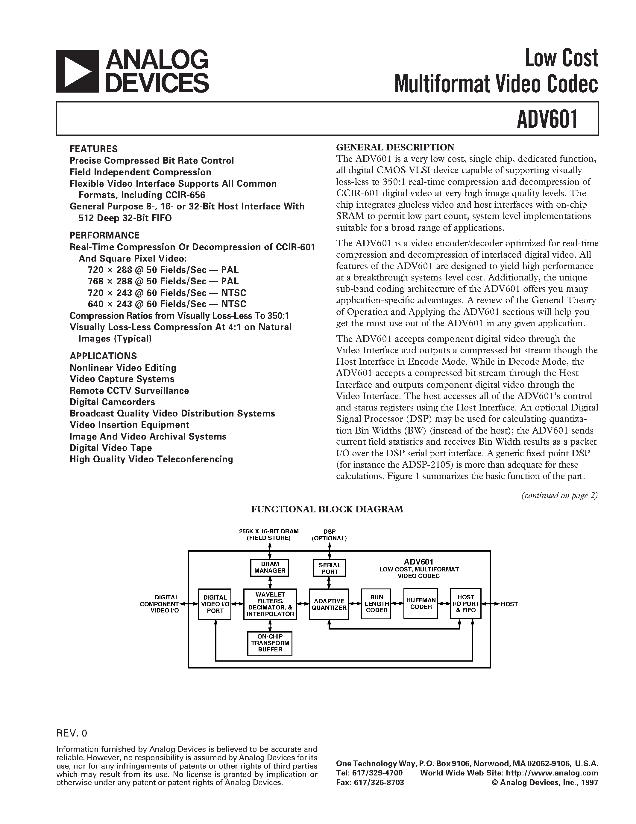 Datasheet ADV601 - Low Cost Multiformat Video Codec page 1