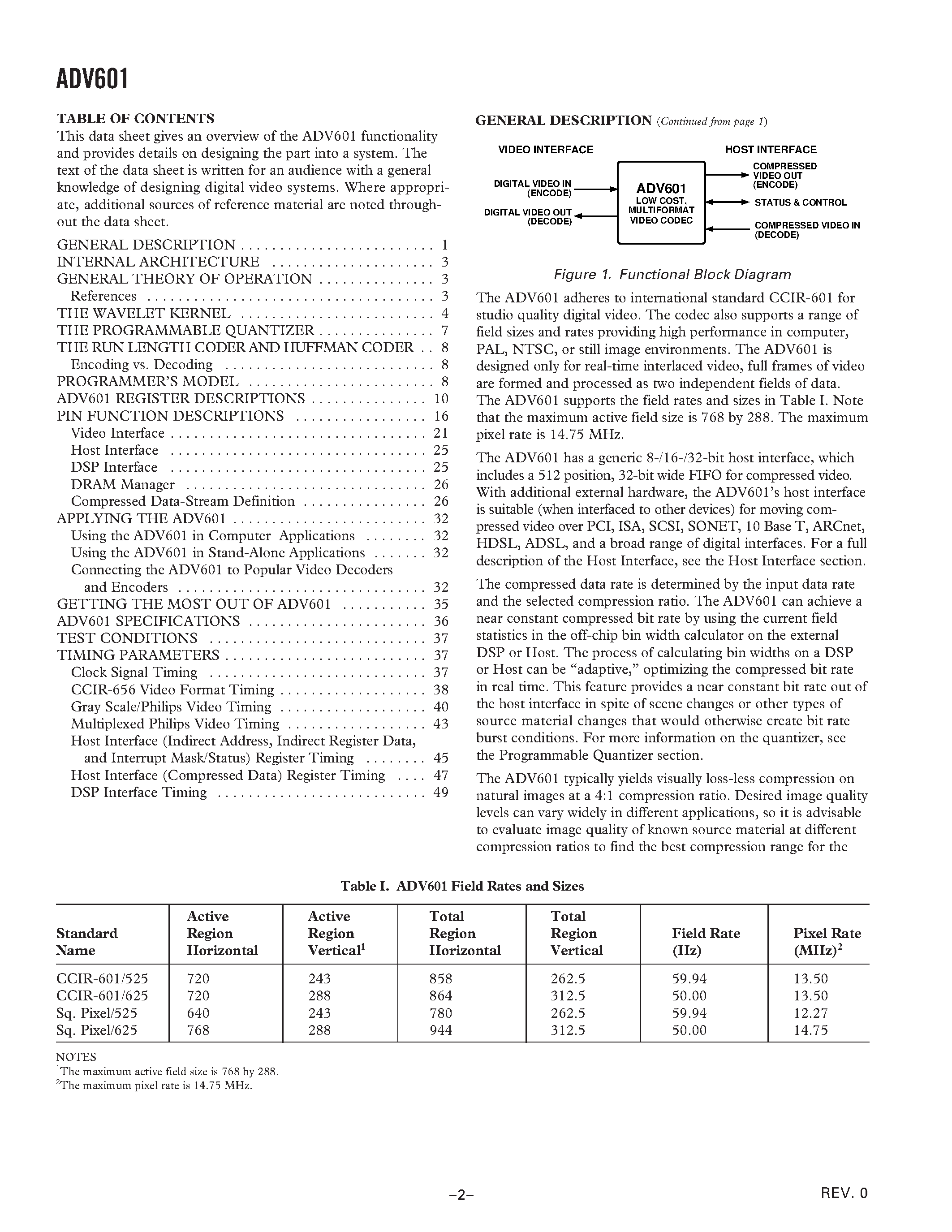 Datasheet ADV601 - Low Cost Multiformat Video Codec page 2