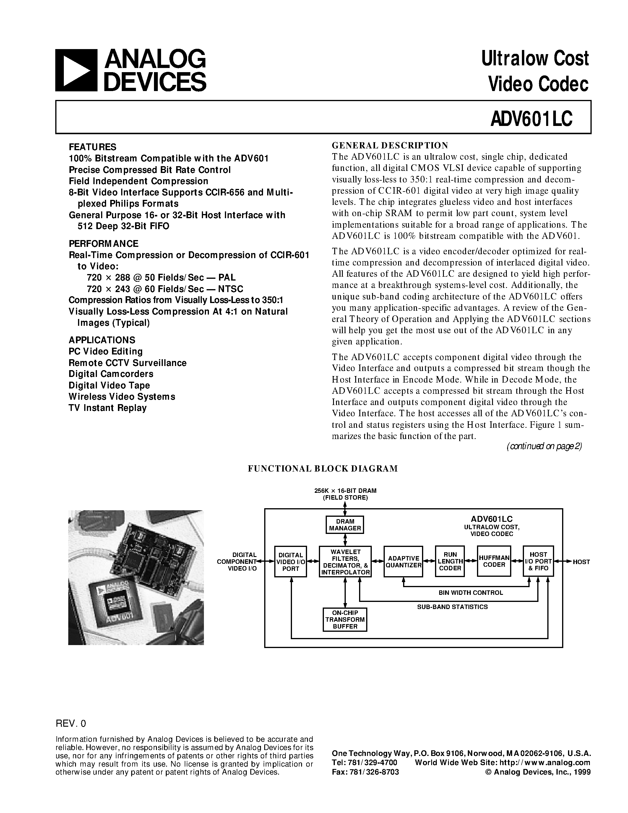 Datasheet ADV601LC - Ultralow Cost Video Codec page 1