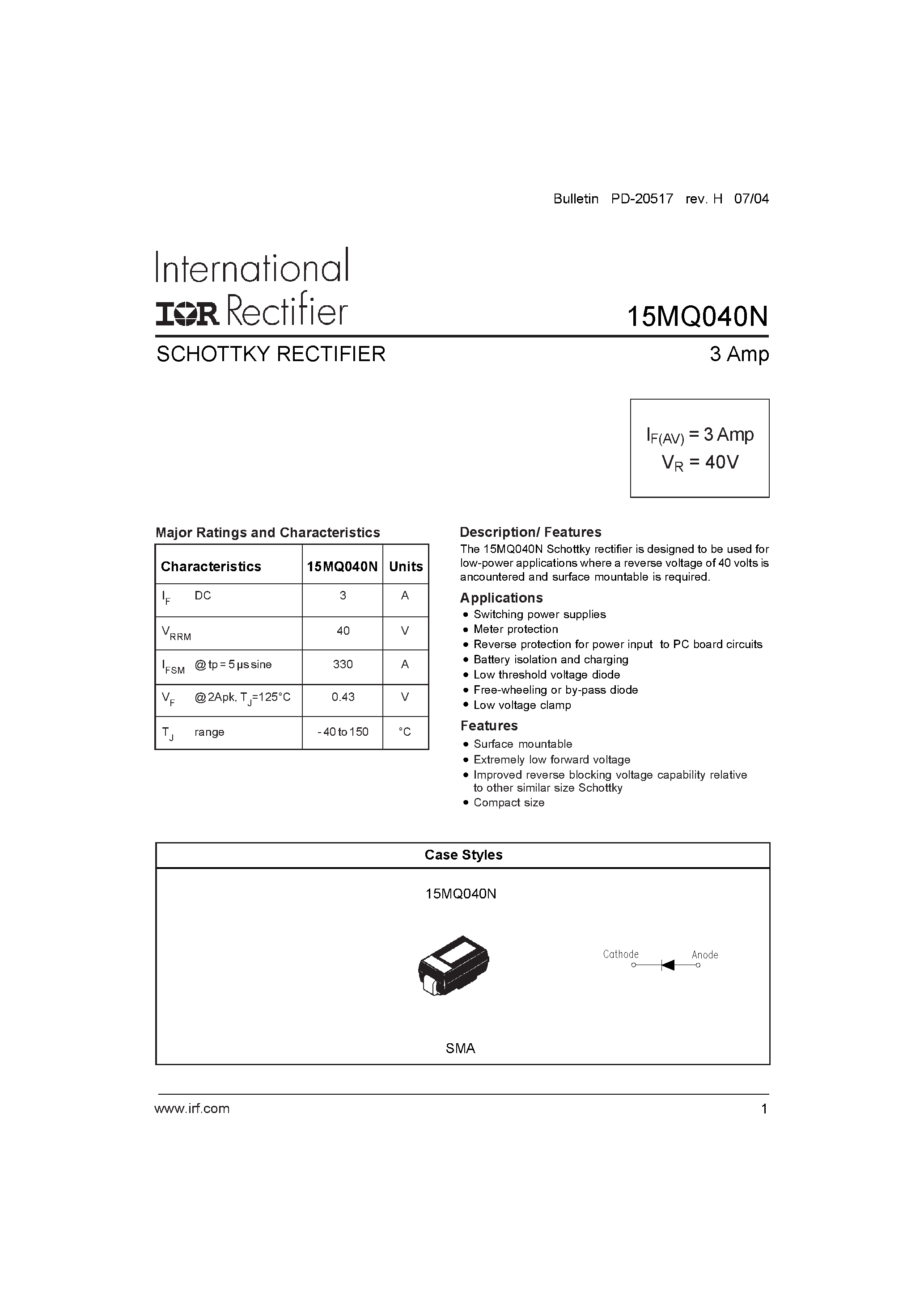 Datasheet 15MQ040 - SCHOTTKY RECTIFIER page 1