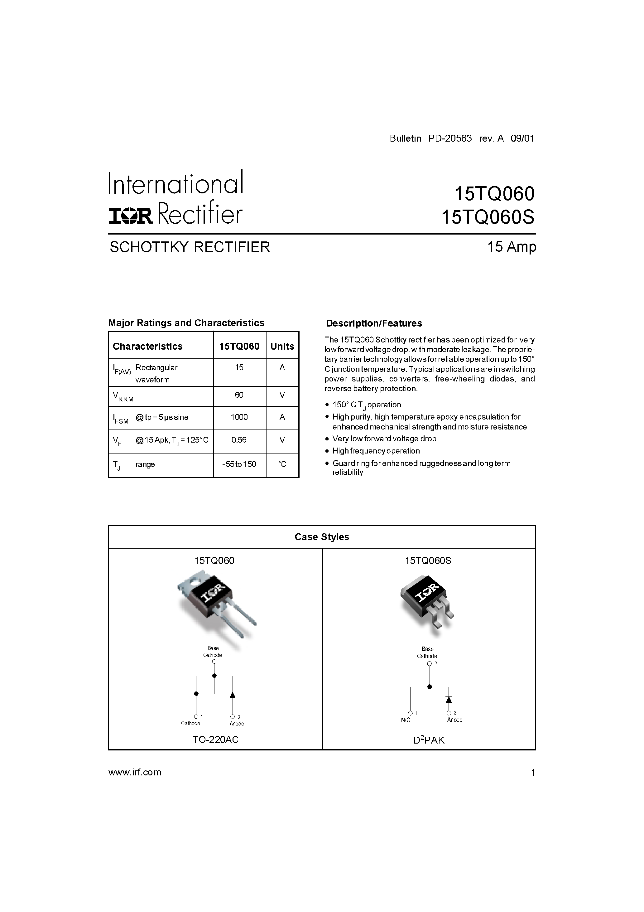 Datasheet 15TQ060 - SCHOTTKY RECTIFIER page 1