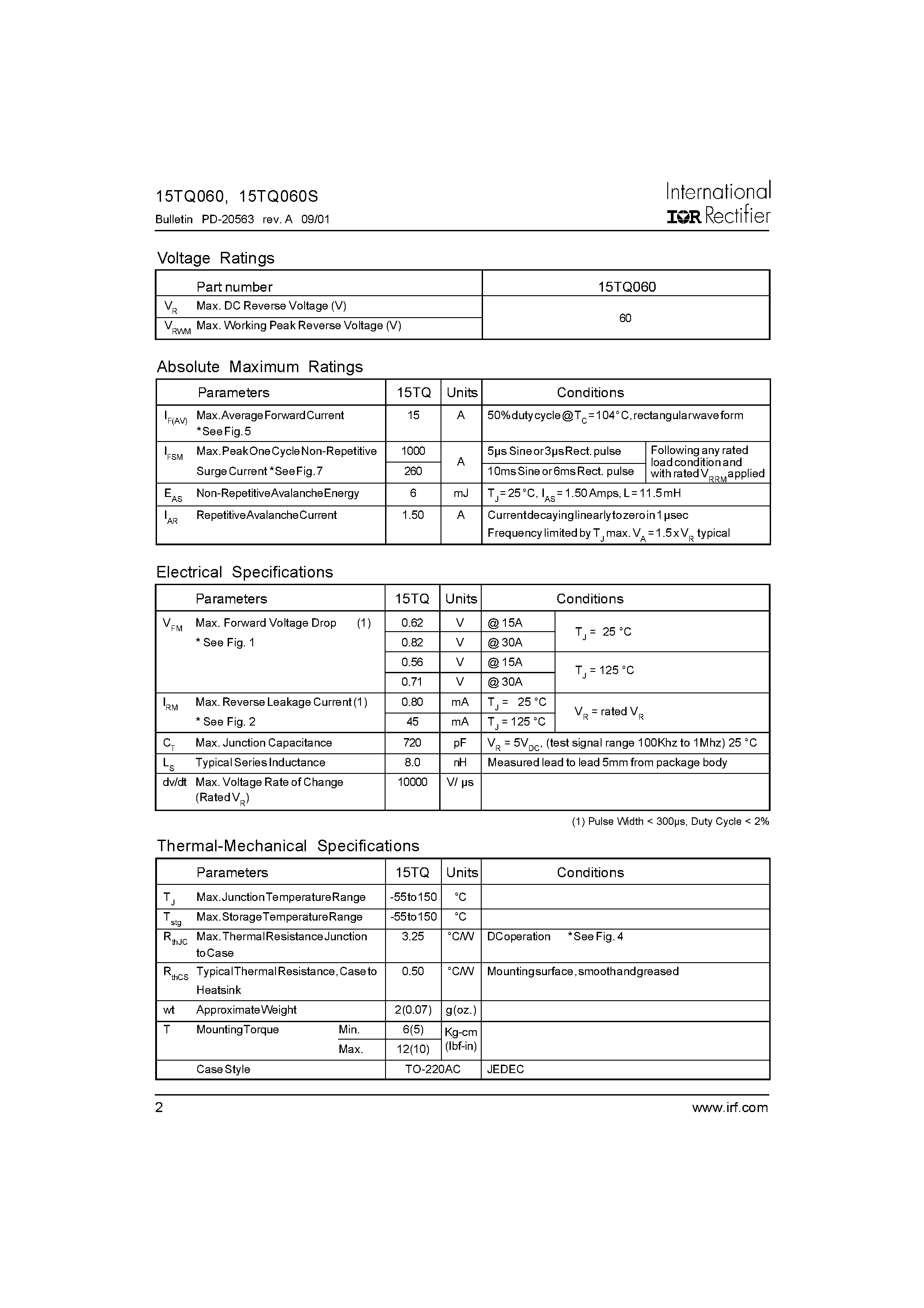 Datasheet 15TQ060 - SCHOTTKY RECTIFIER page 2