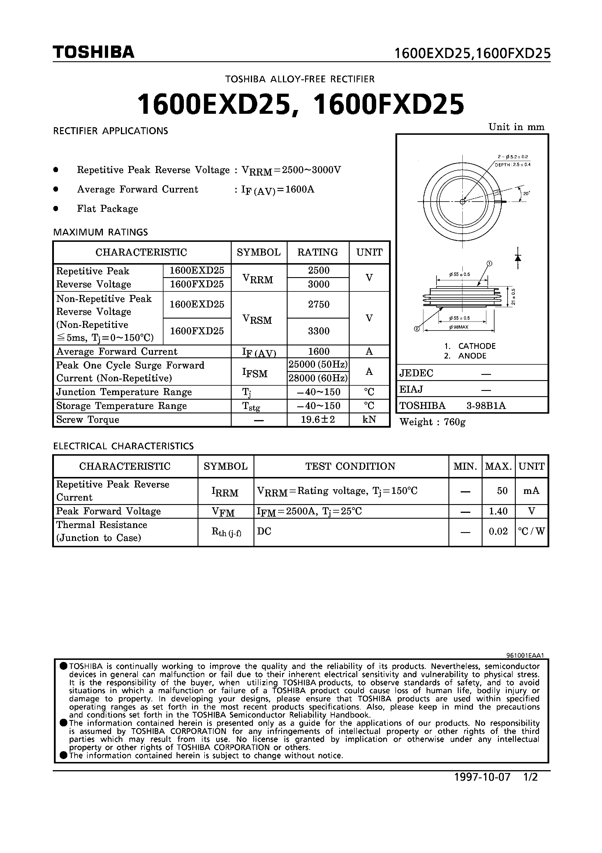 Datasheet 1600EXD25 - ALLOY-FREE RECTIFIER (RECTIFIER APPLICATIONS) page 1