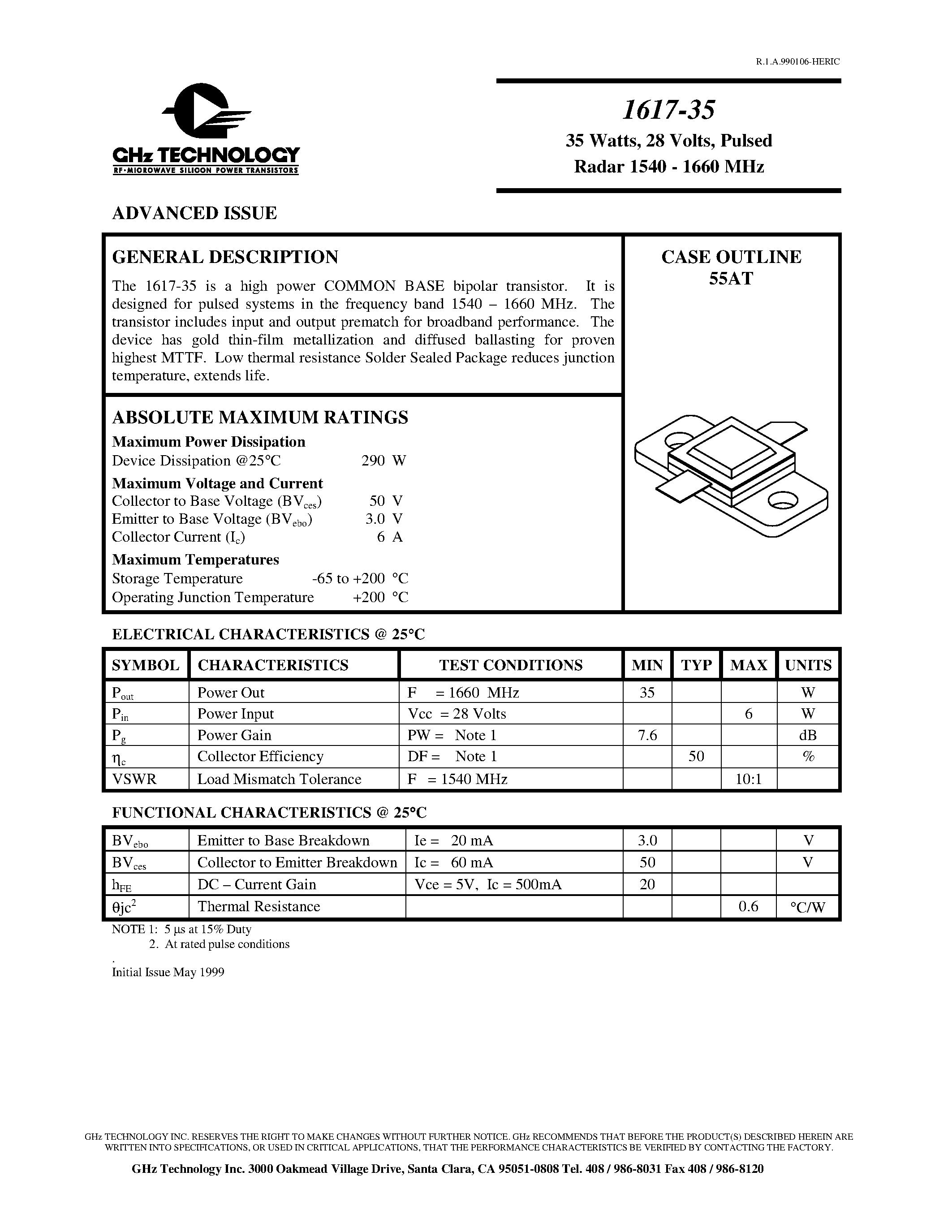 Даташит 1617-35 - 35 Watts/ 28 Volts/ Pulsed Radar 1540 - 1660 MHz страница 1