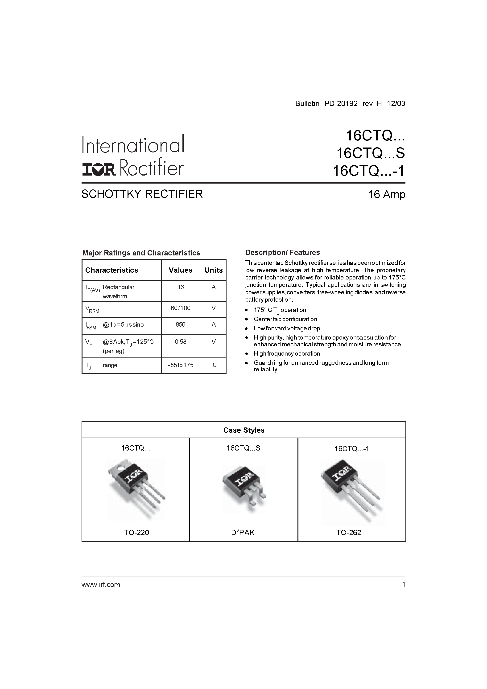 Datasheet 16CTQ - SCHOTTKY RECTIFIER page 1