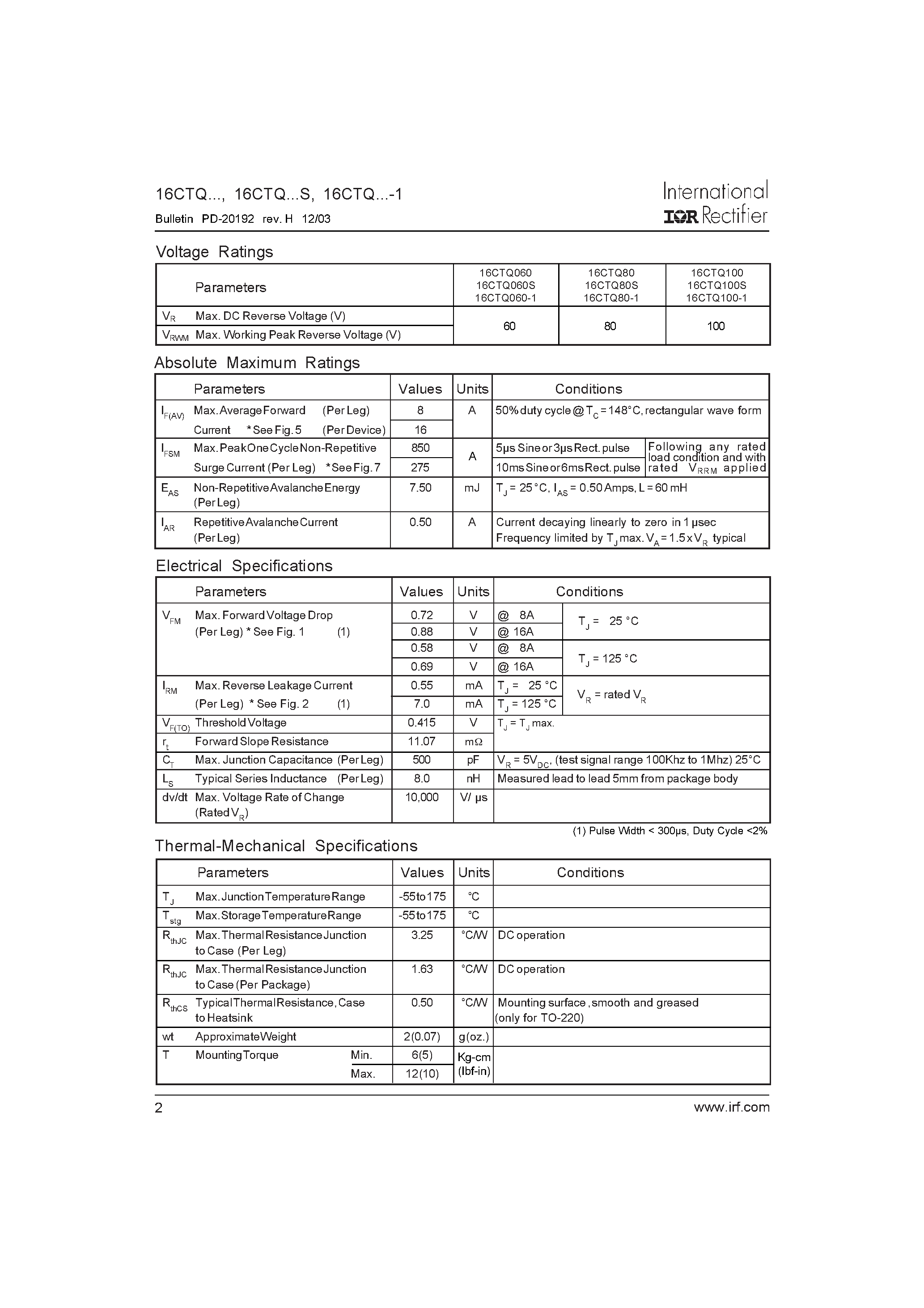 Datasheet 16CTQ - SCHOTTKY RECTIFIER page 2