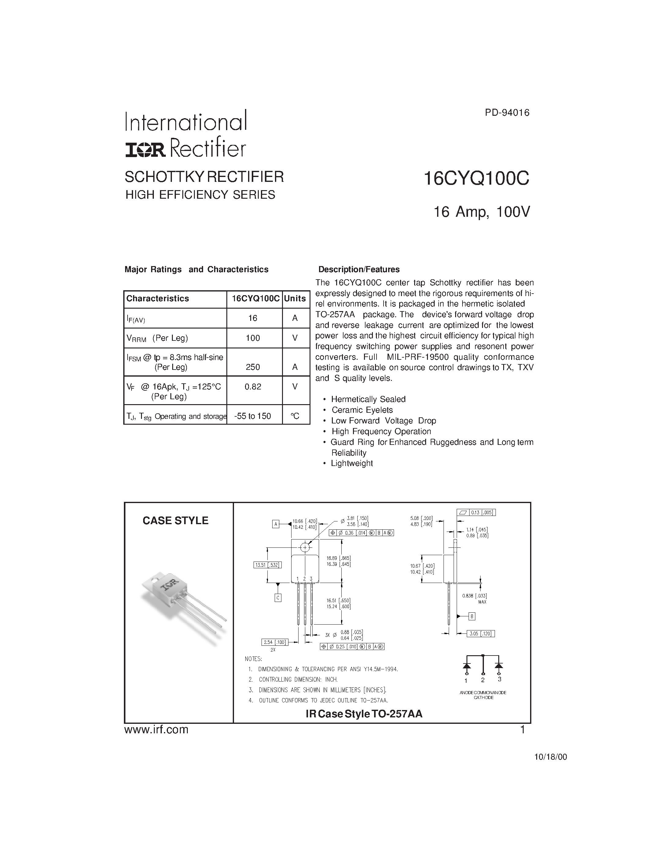 Datasheet 16CYQ100C - SCHOTTKY RECTIFIER page 1