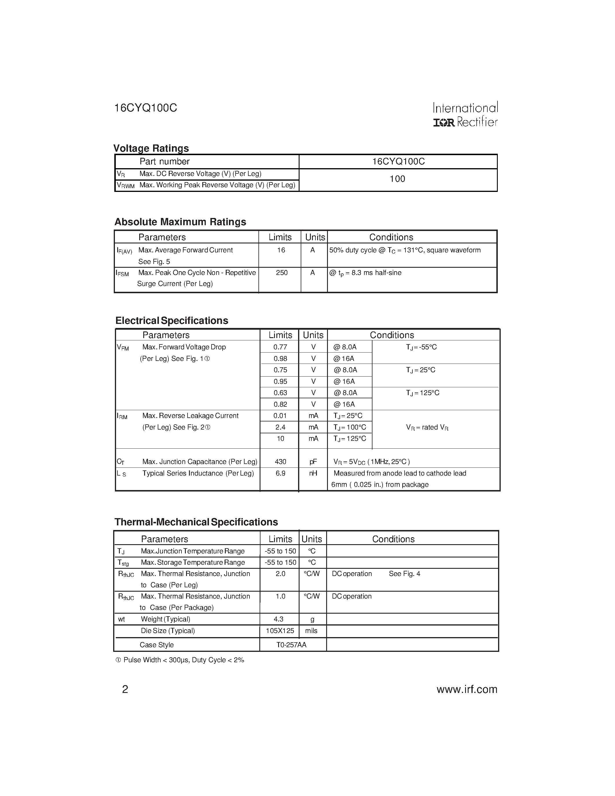 Datasheet 16CYQ100C - SCHOTTKY RECTIFIER page 2