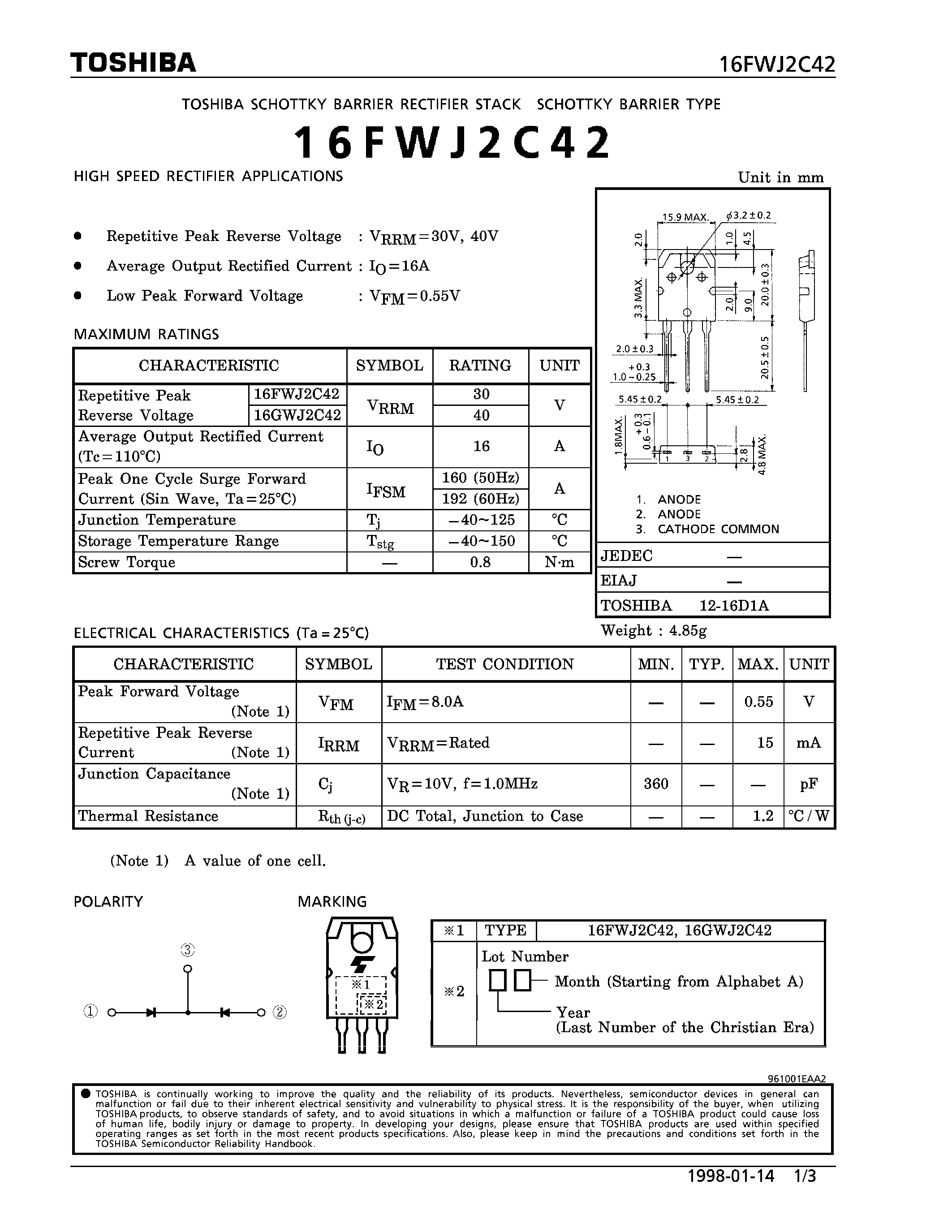 Datasheet 16FWJ2C42 - SCHOTTKY BARRIER RECTIFIER STACK (HIGH SPEED RECTIFIER APPLICATIONS) page 1