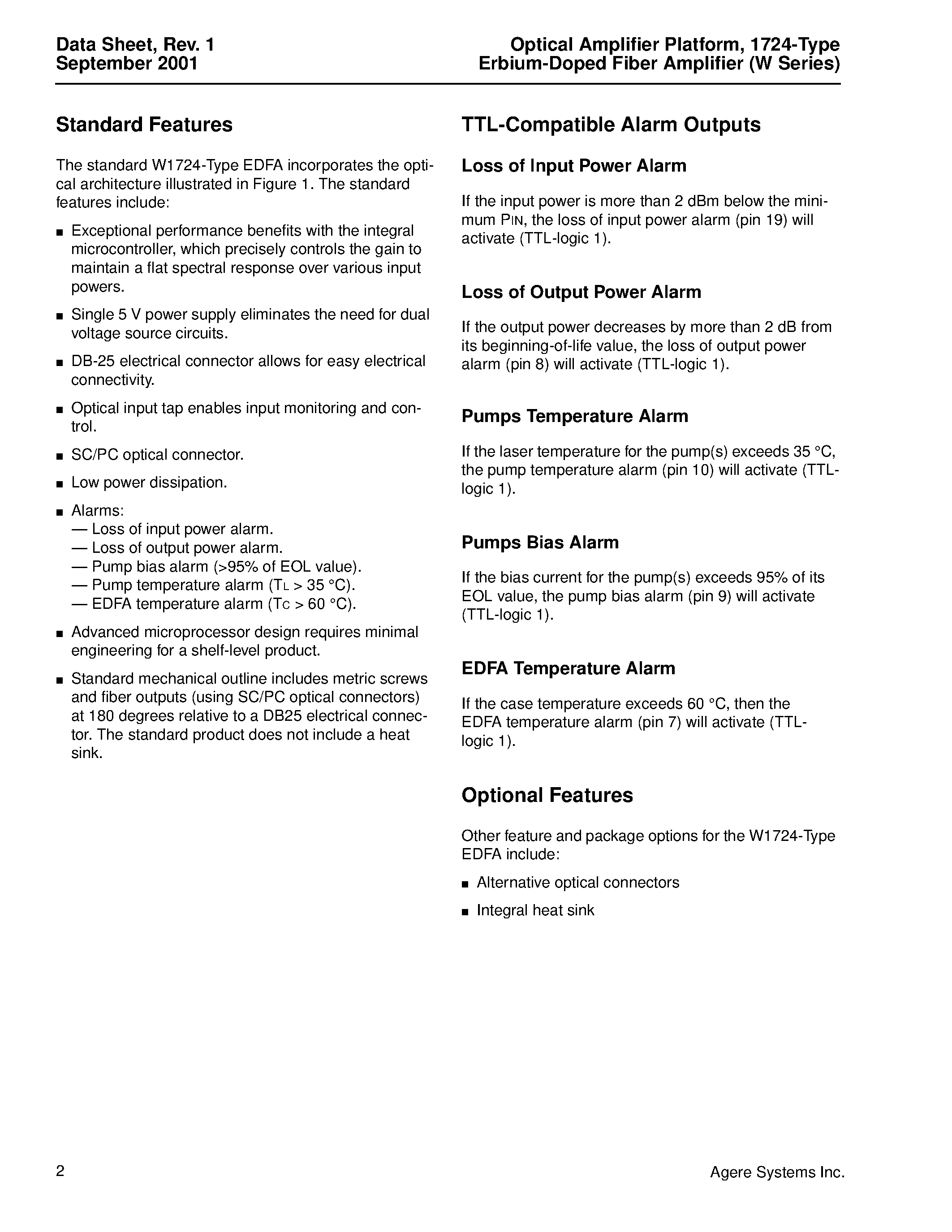 Даташит 1724 - Optical Amplifier Platform/1724-Type Eribium-Doped Fiber Amplifier(W Series) страница 2