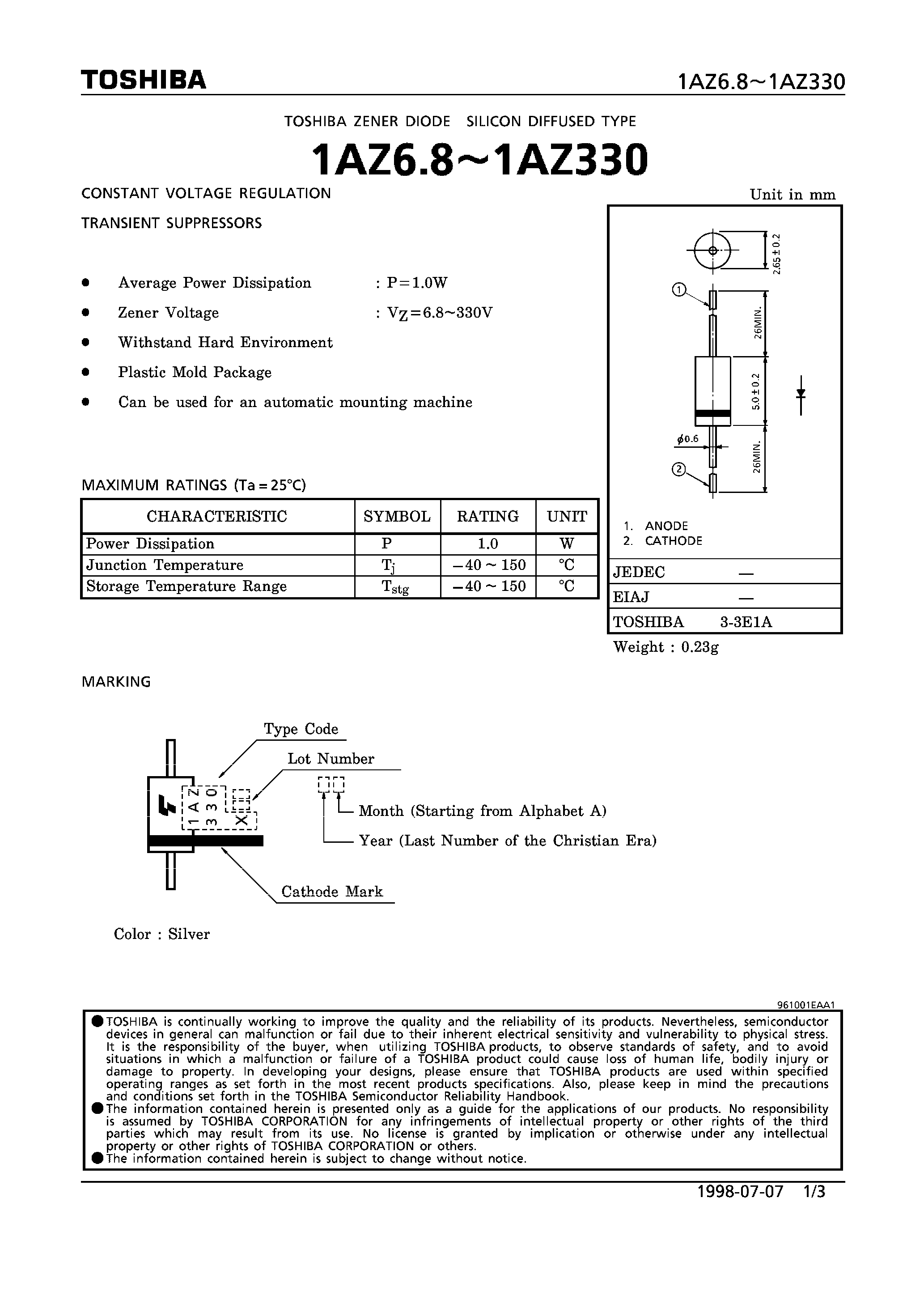 Datasheet 1AZ6.8 - ZENER DIODE ( CONSTANT VOLTAGE REGULATION) page 1