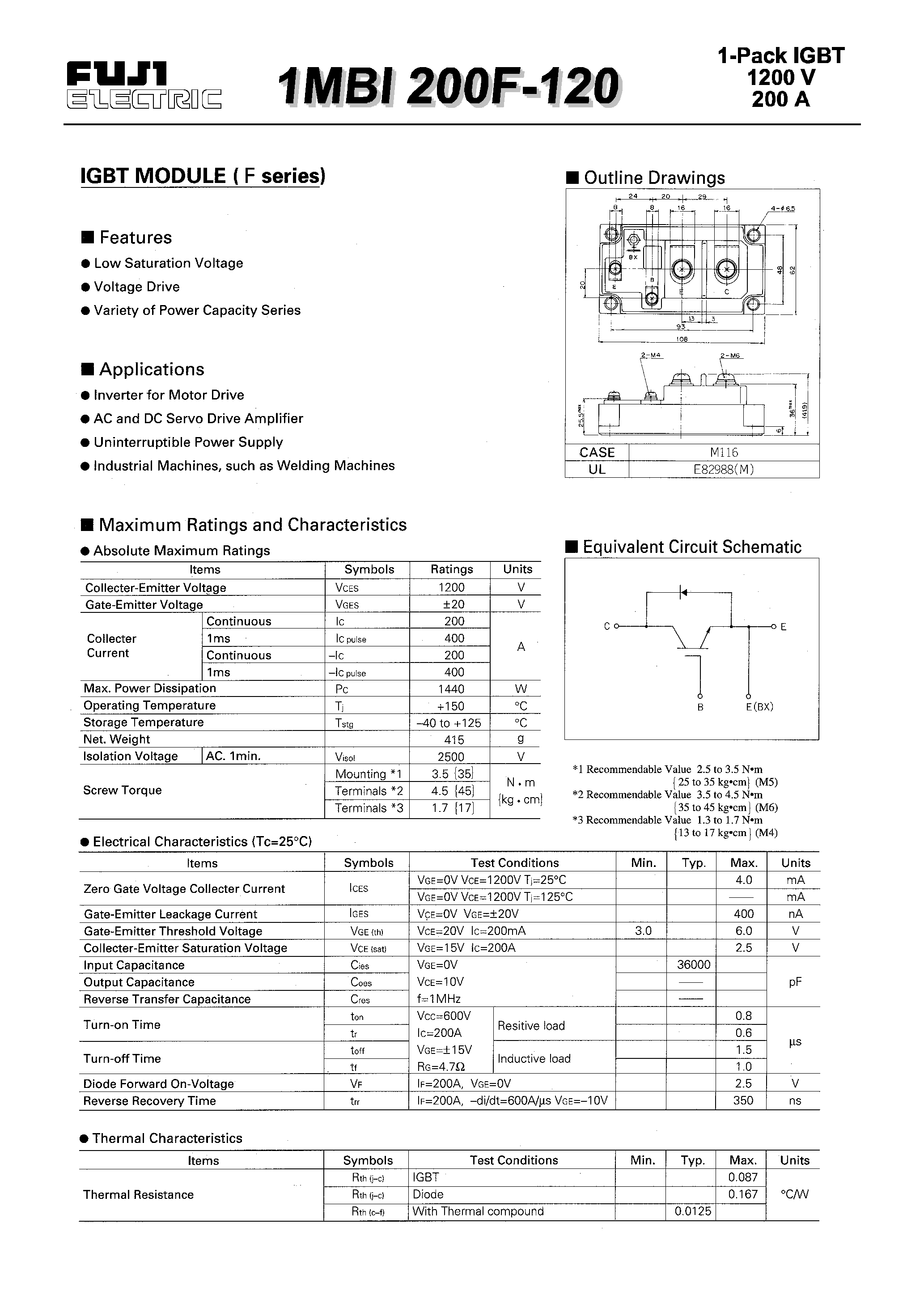 Даташит 1MBI200F-120 - IGBT MODULE(F series) страница 1