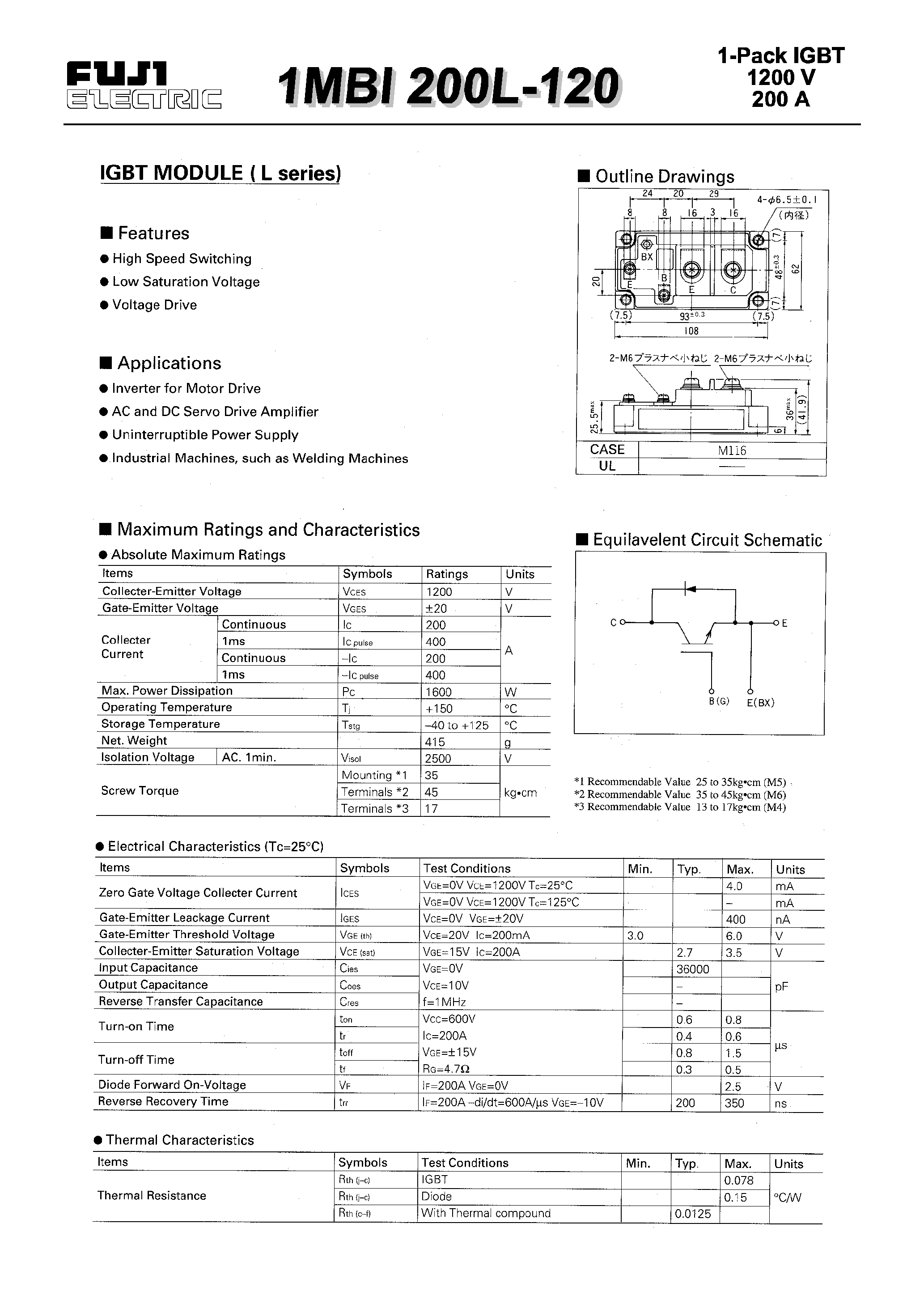 Datasheet 1MBI200L-120 - IGBT MODULE(L series) page 1