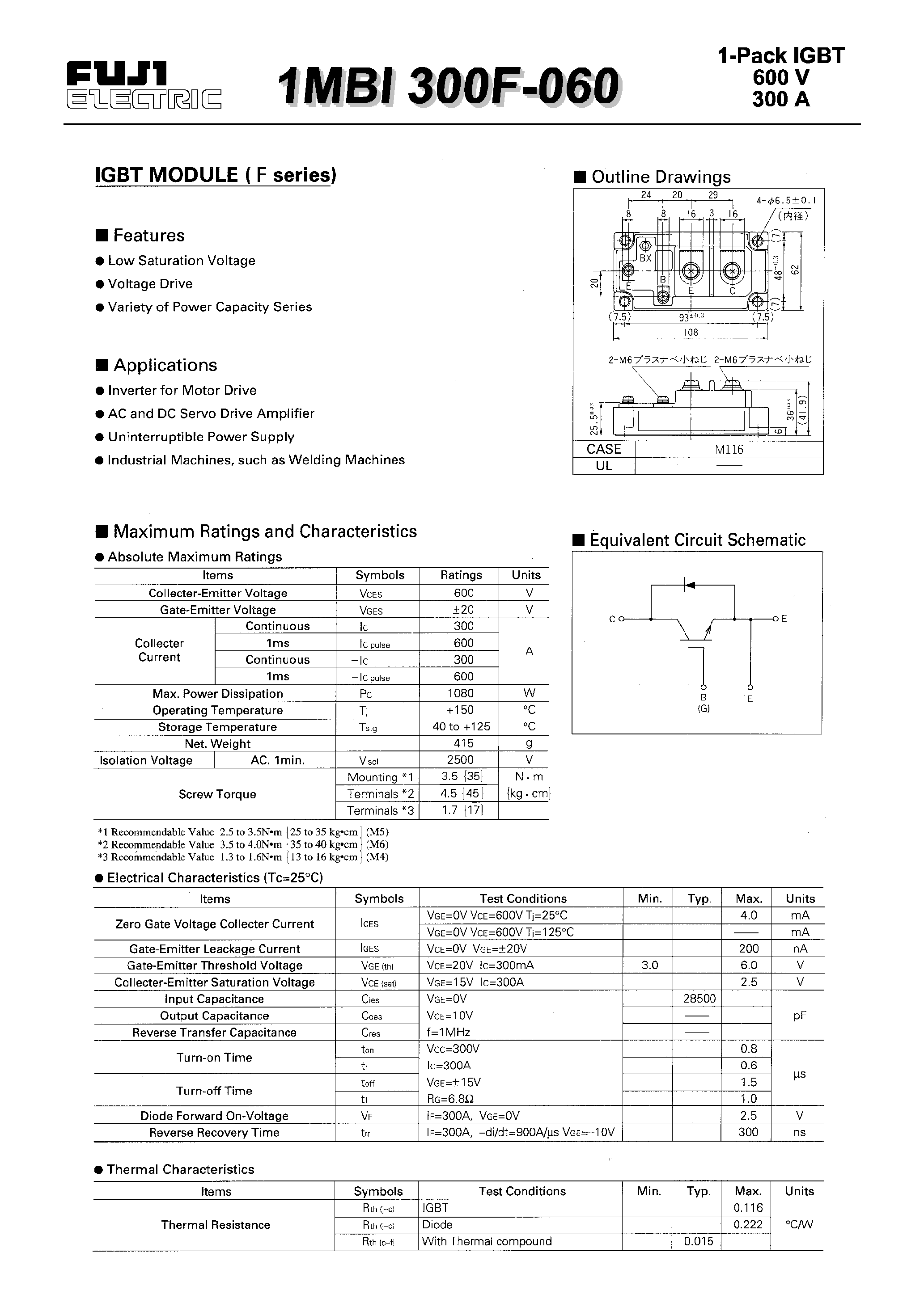 Даташит 1MBI300F-060 - IGBT MODULE(F series) страница 1