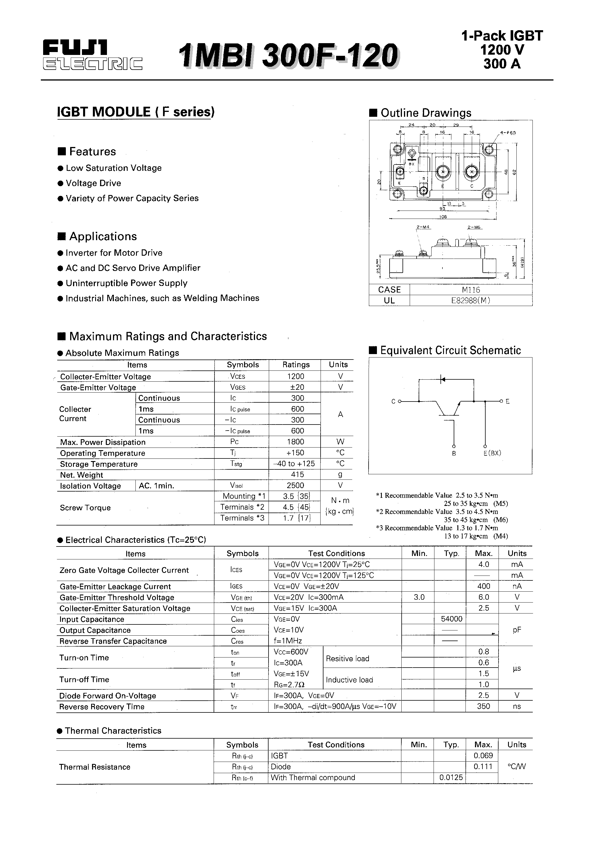 Даташит 1MBI300F-120 - IGBT MODULE(F series) страница 1