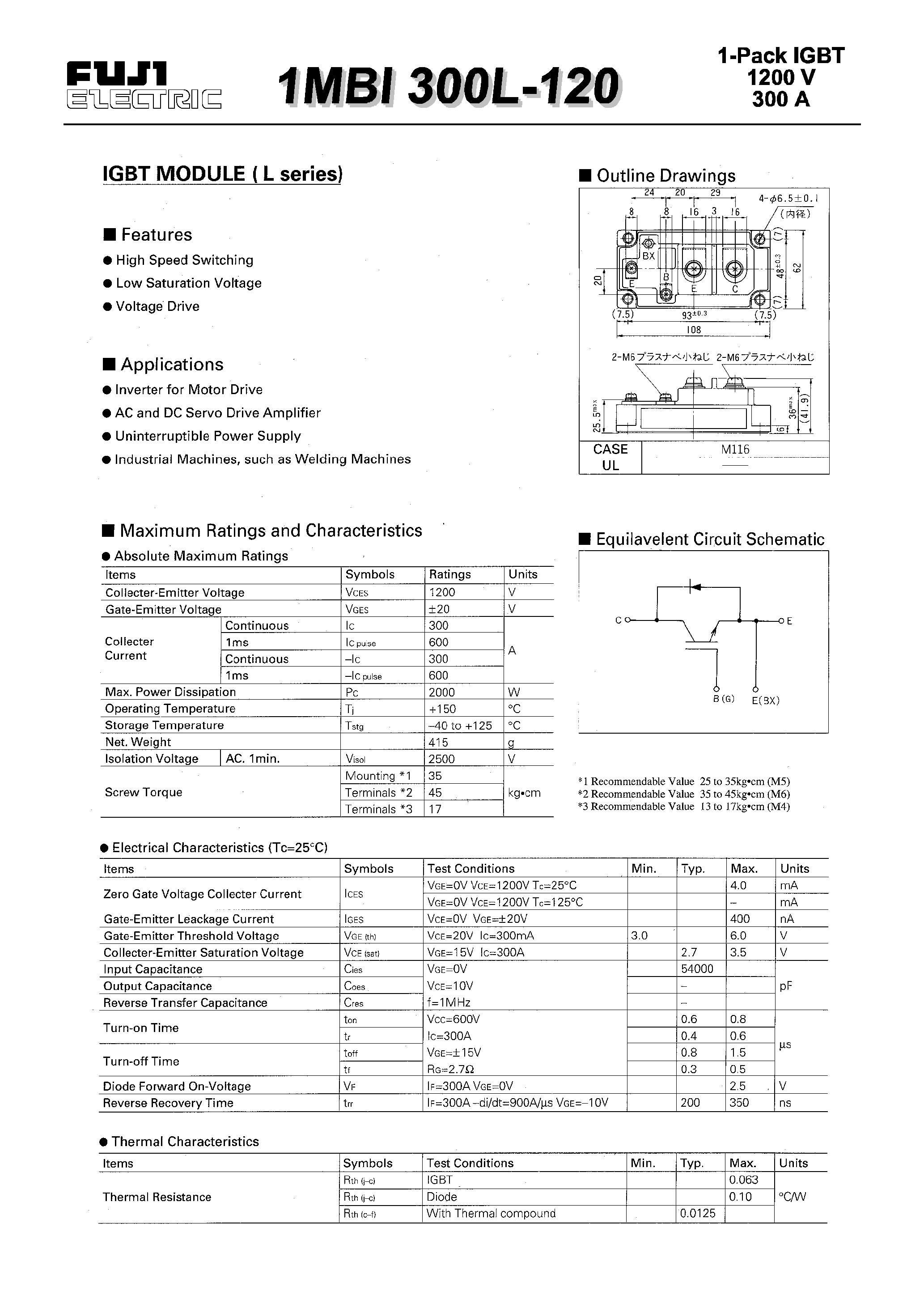 Datasheet 1MBI300L-120 - IGBT MODULE(L series) page 1