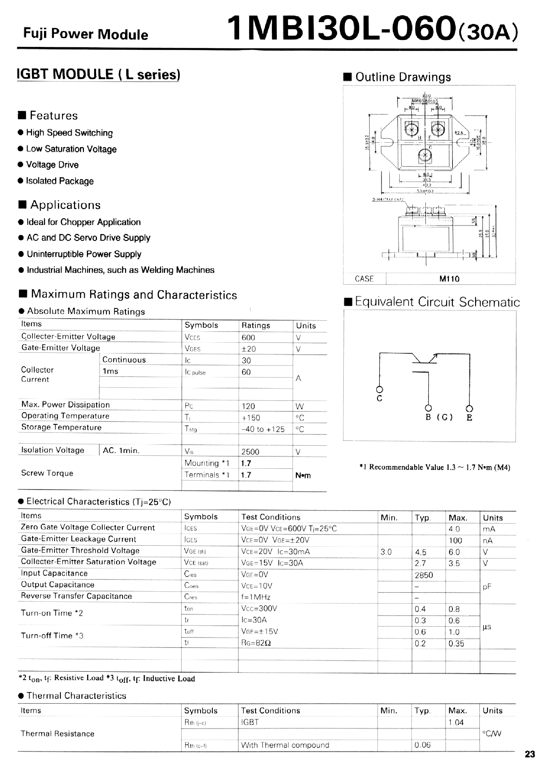 Datasheet 1MBI30L-060 - IGBT MODULE(L series) page 1