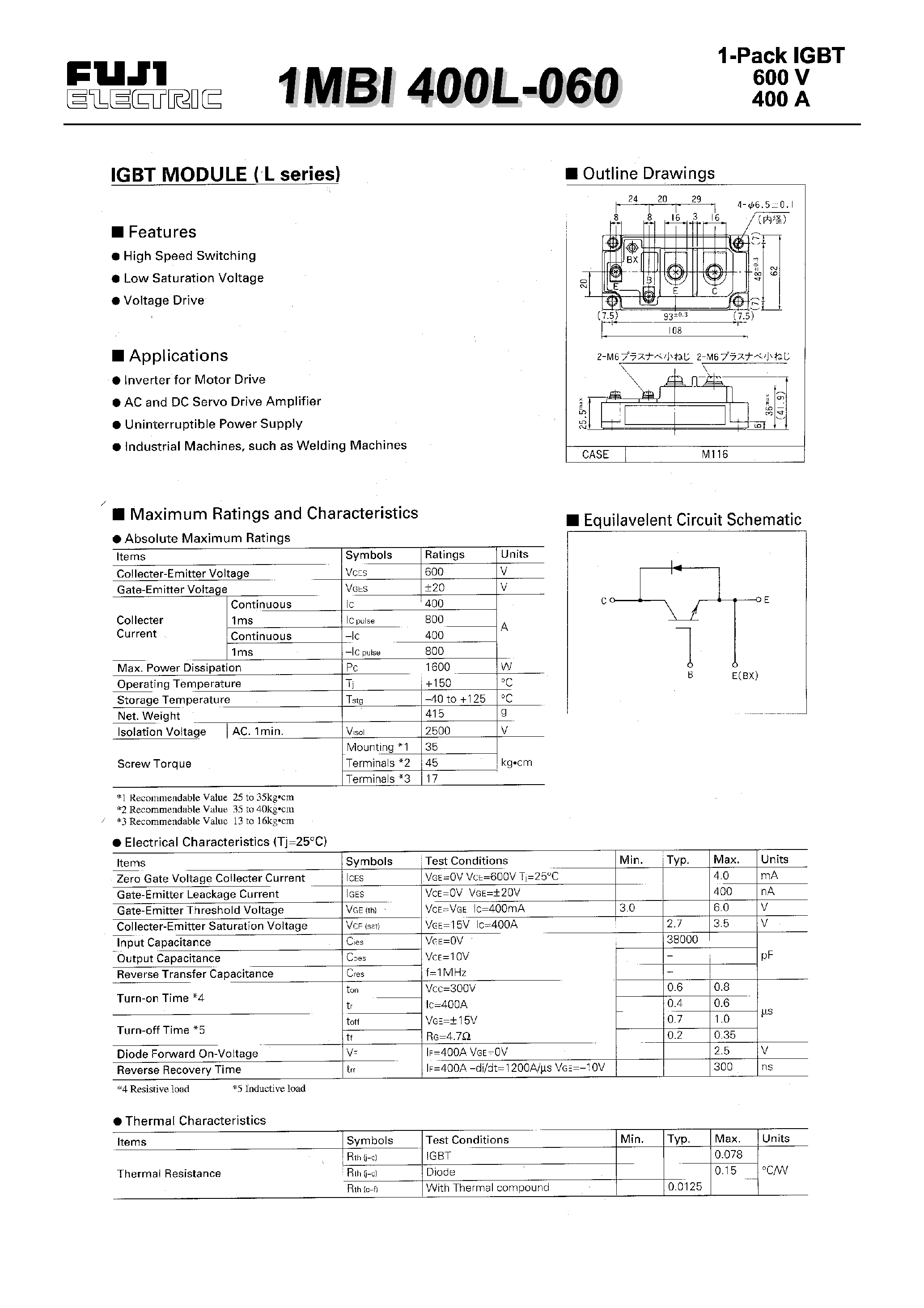 Datasheet 1MBI400L-060 - IGBT MODULE(L series) page 1