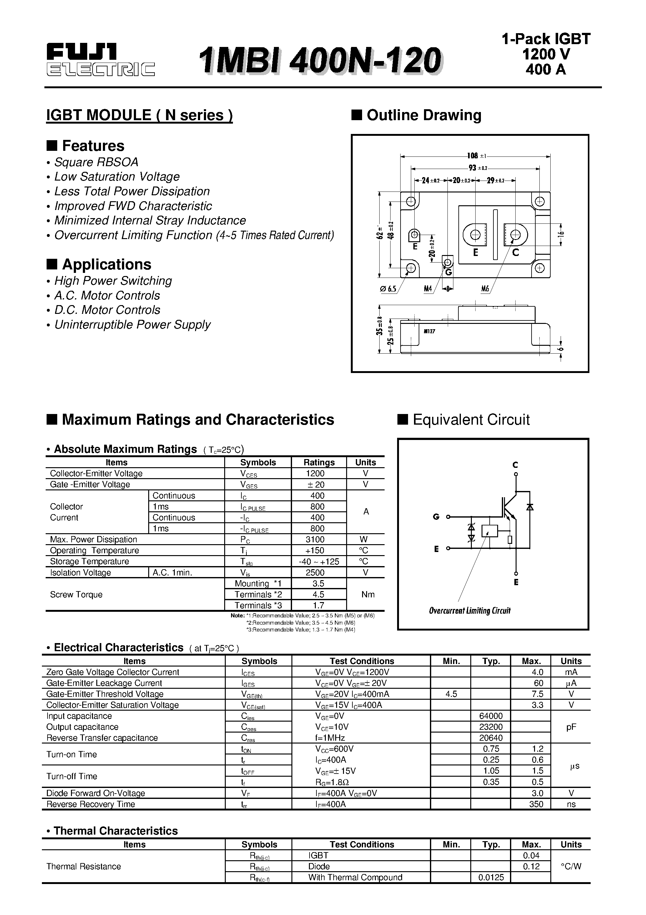 Datasheet 1MBI400L-120 - IGBT MODULE(L series) page 1