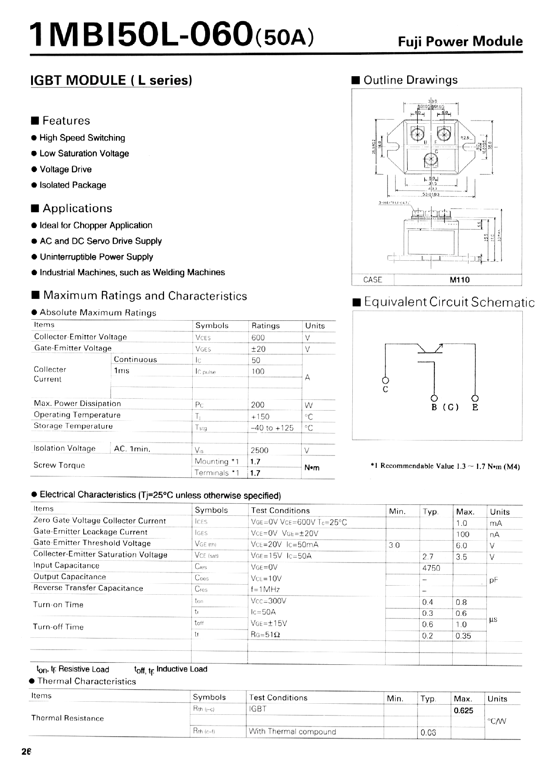 Datasheet 1MBI50L-060 - IGBT MODULE (L series) page 1