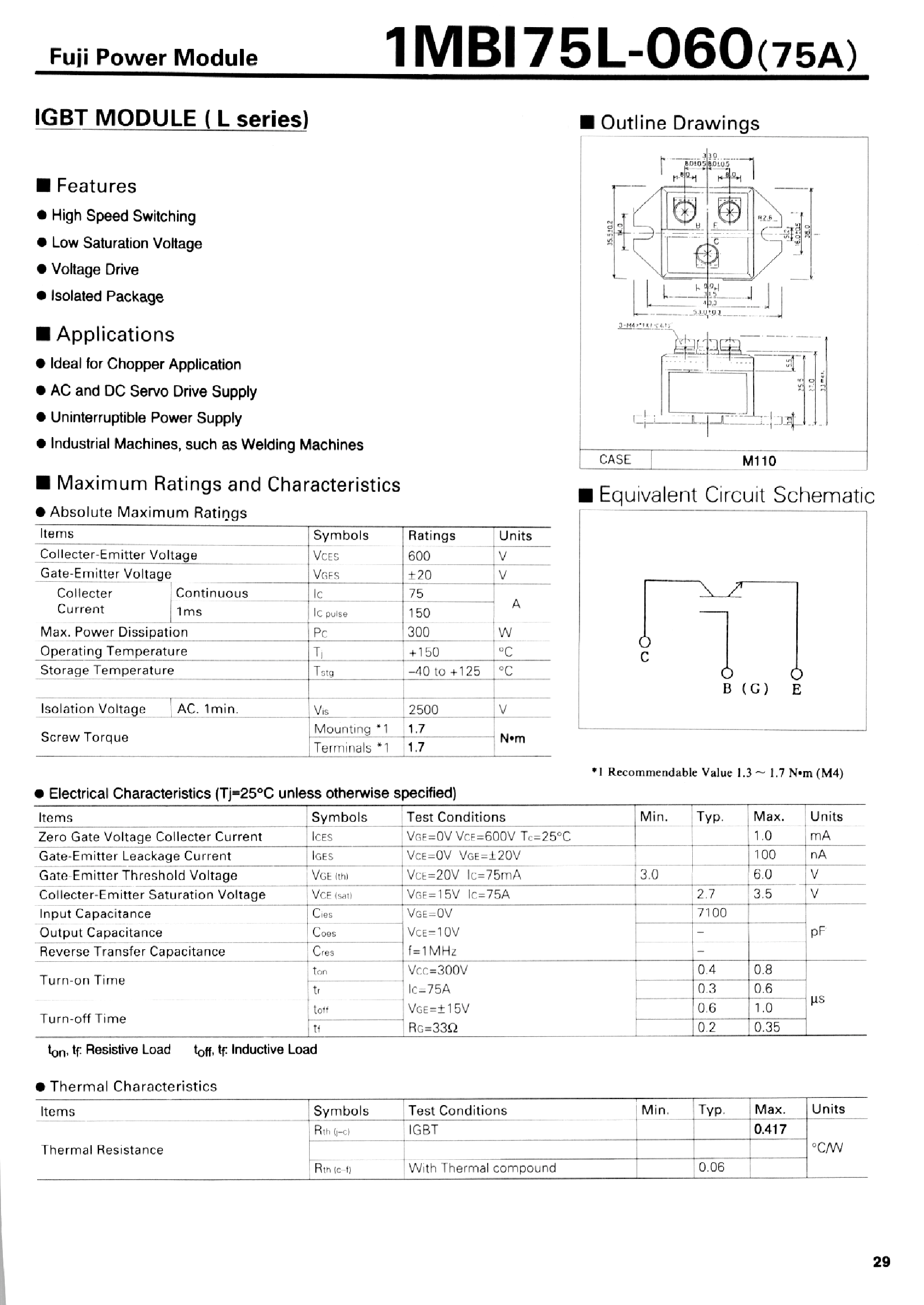 Datasheet 1MBI75L-060 - IGBT MODULE( L series) page 1