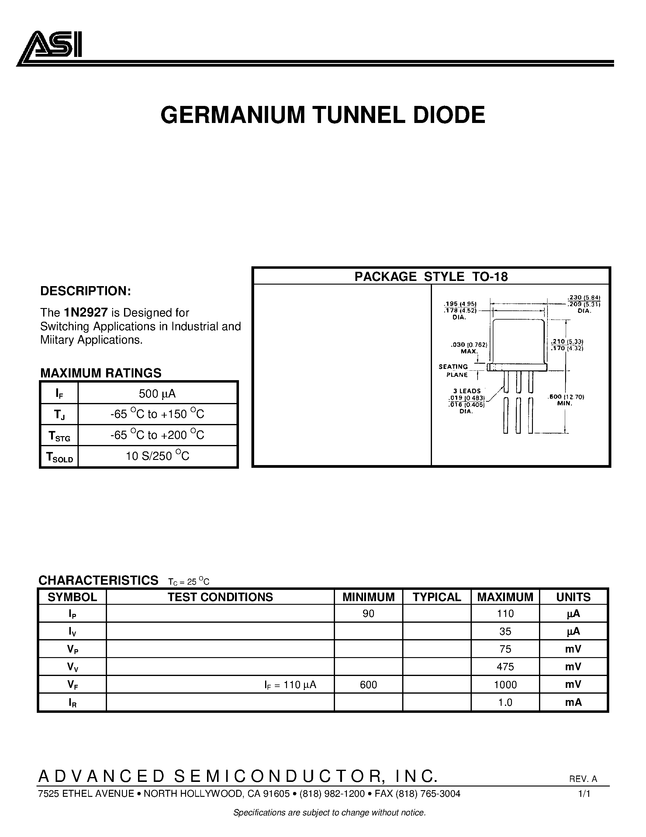 Datasheet 1N2927 - GERMANIUM TUNNEL DIODE page 1