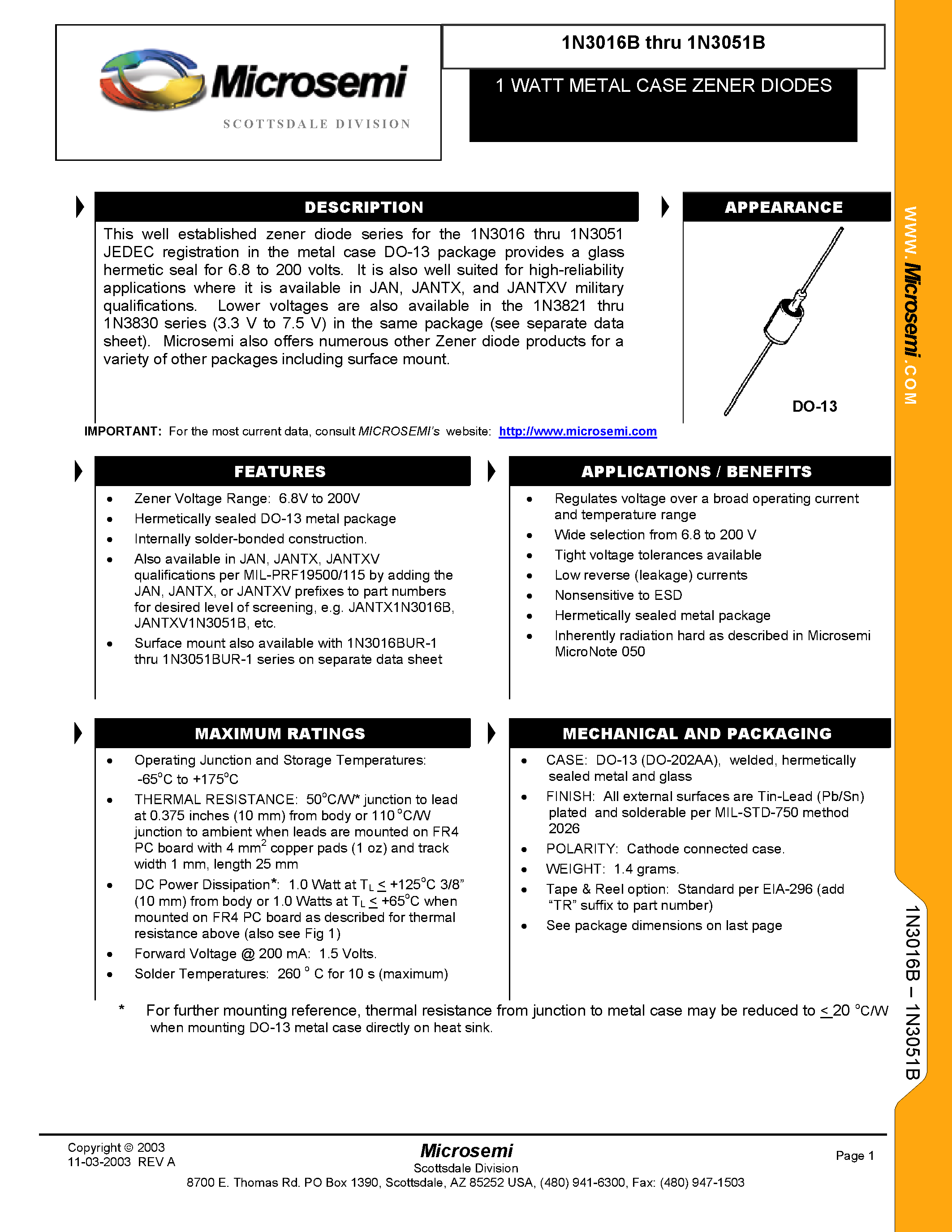 Datasheet 1N3018A - Silicon 1 WATT Zener Diodes page 1