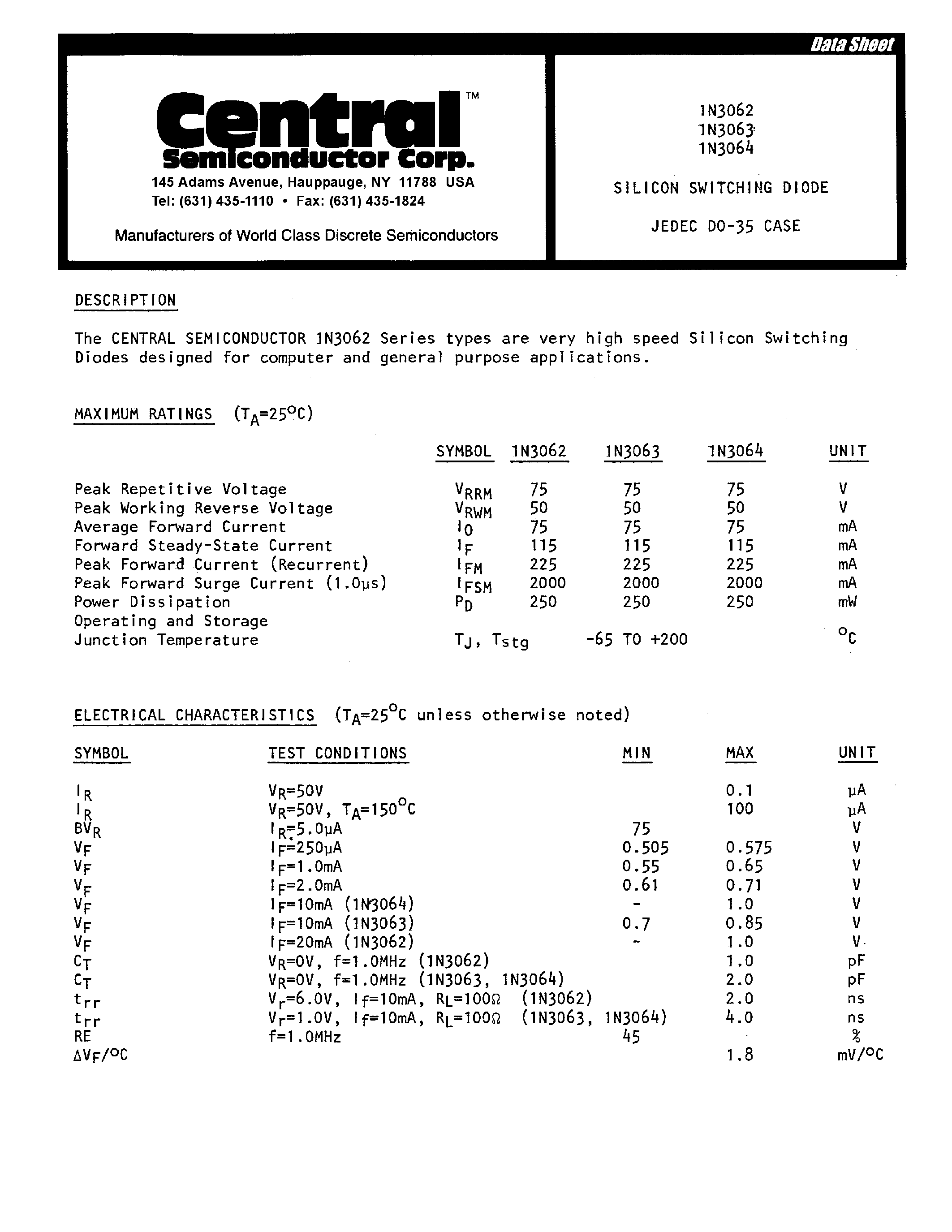 Datasheet 1N3062 - SILICON SWITCHING DIODE page 1