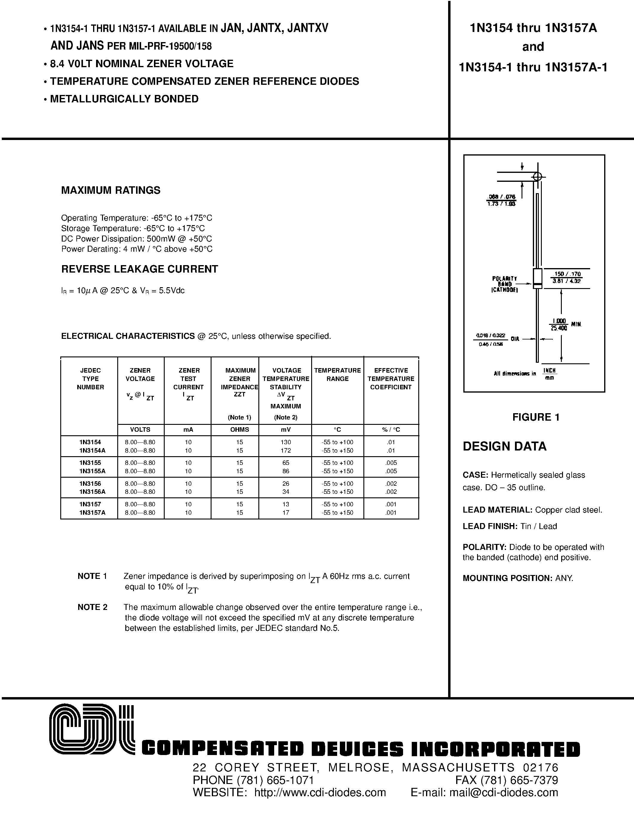 Datasheet 1N3154 - 8.4 V0LT NOMINAL ZENER VOLTAGE page 1