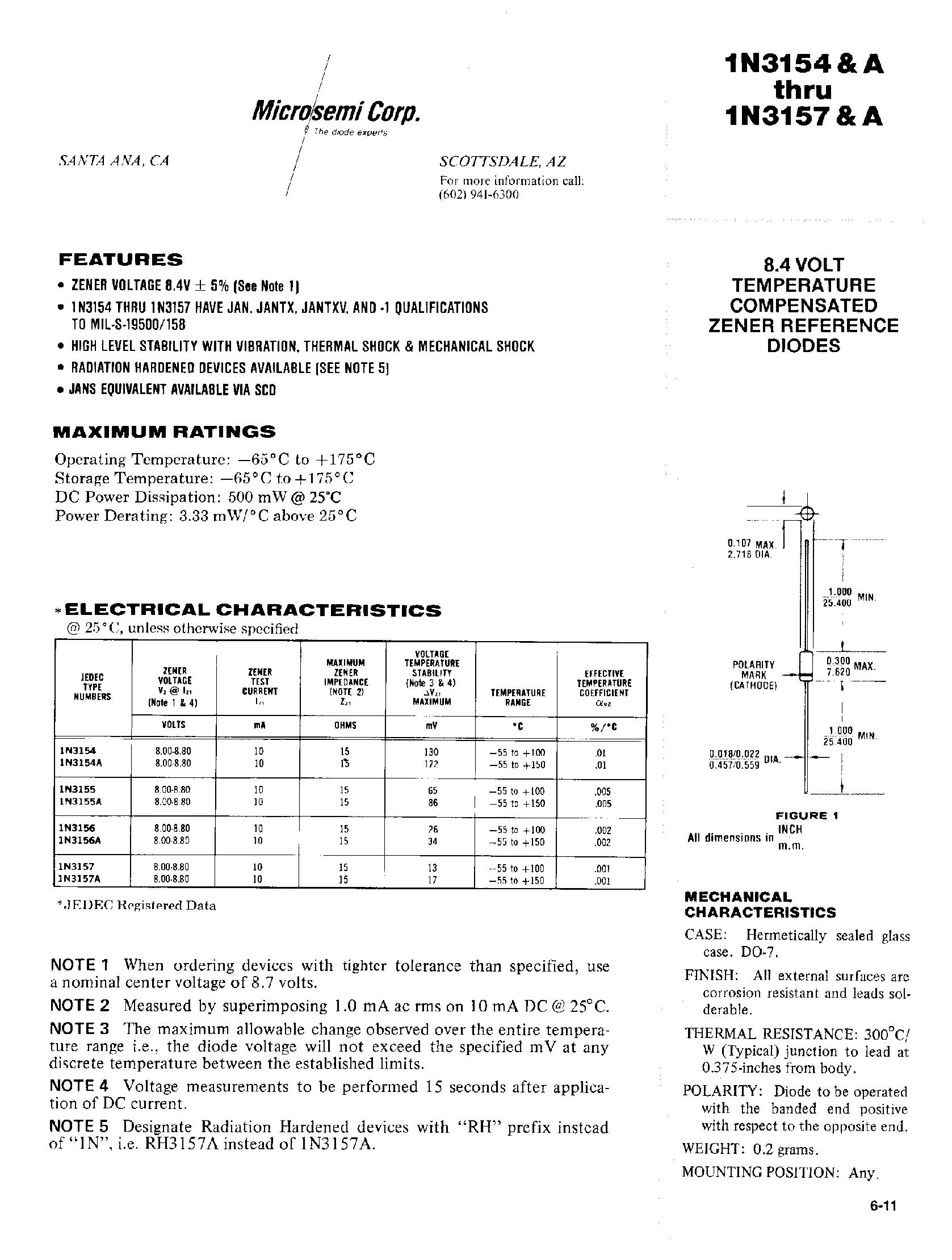 Datasheet 1N3154 - 8.4 VOLT TEMPERATURE COMPENSATED ZENER REFERENCE DIODES page 1