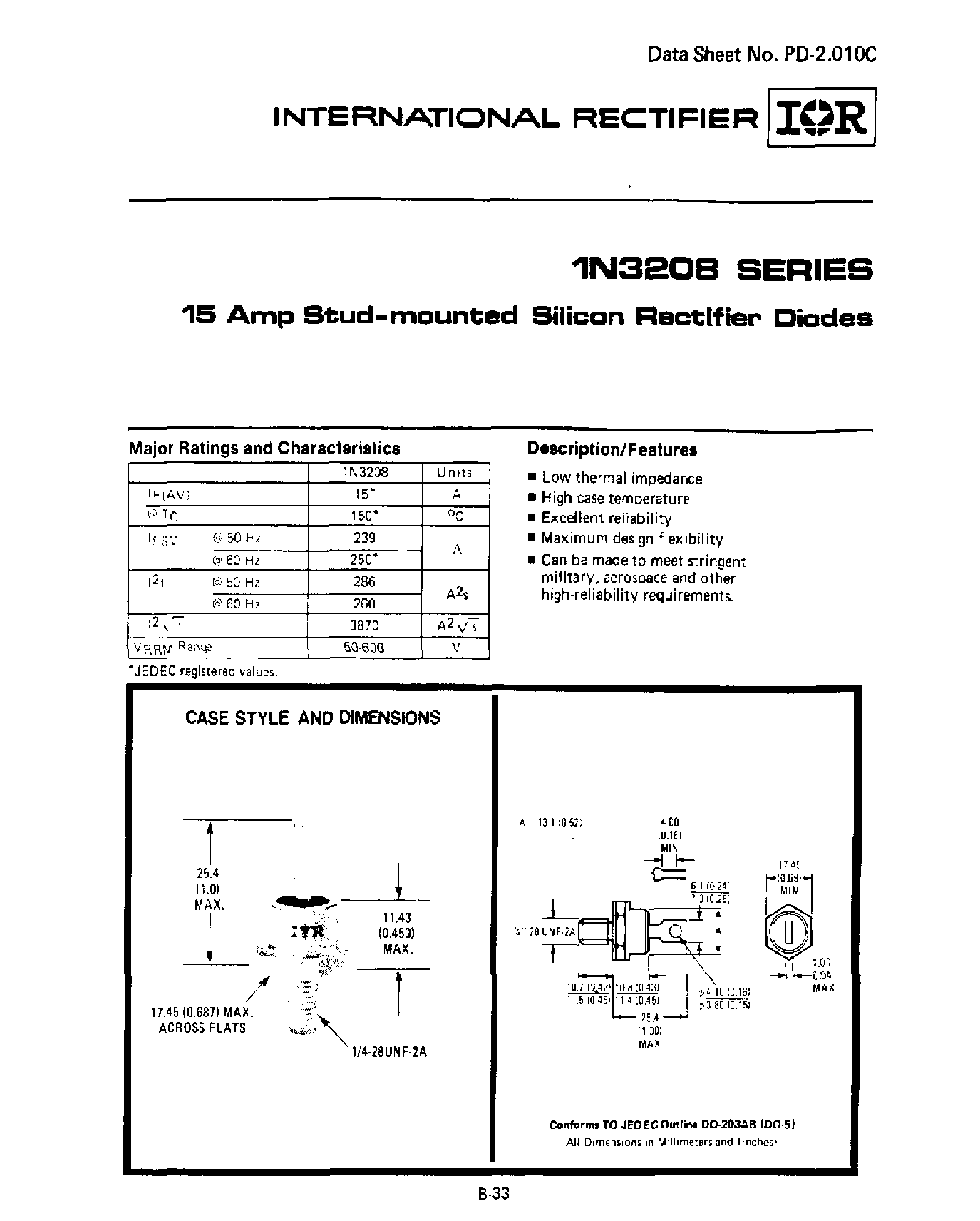 Даташит 1N3208 - 15 Amp Stud-mounted Silicon Rectifier Diodes страница 1