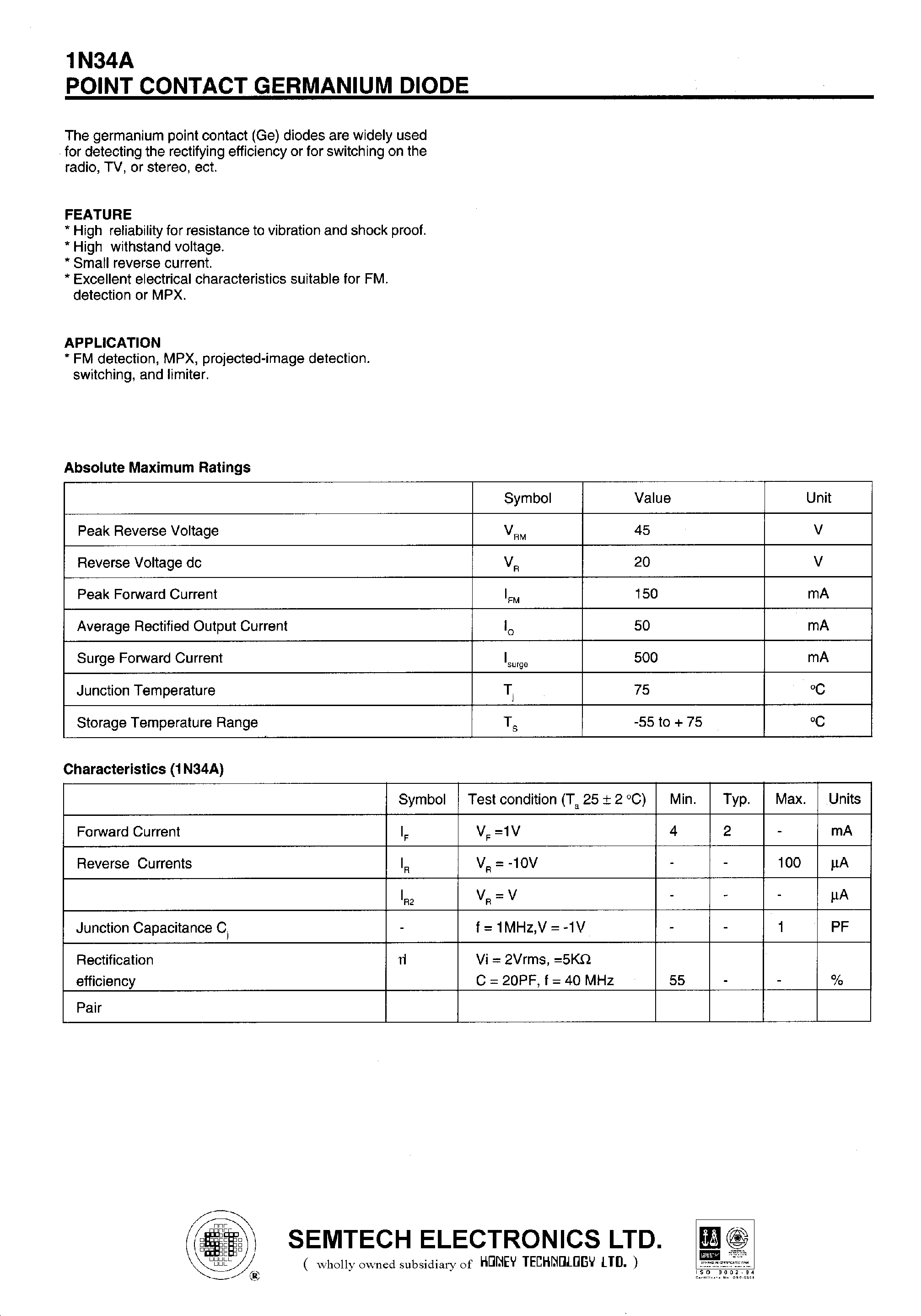 Datasheet 1N34 - POINT CONTACT GERMANIUM DIODE page 1