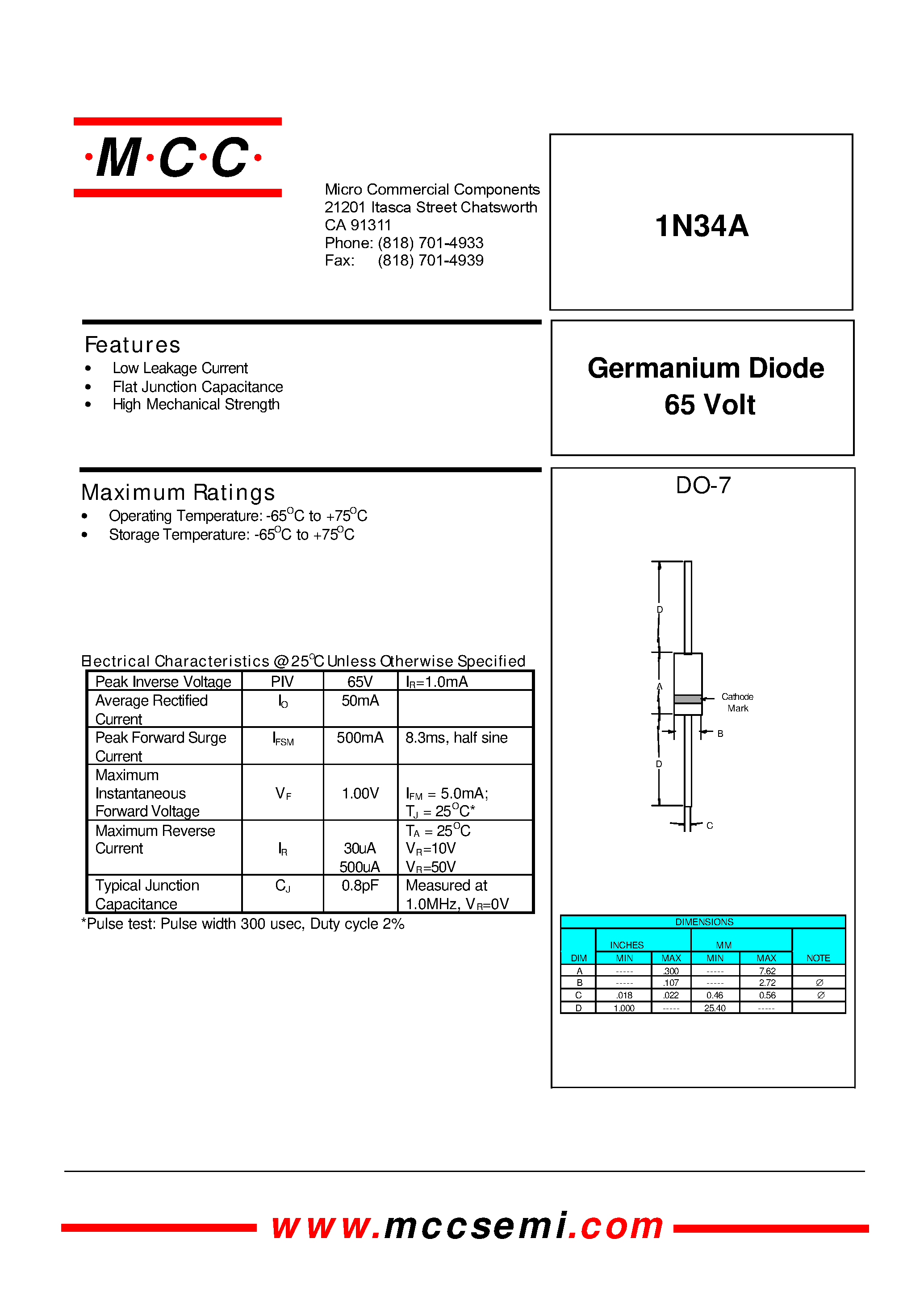 Datasheet 1N34 - 65 Volt Germanium Diode page 1