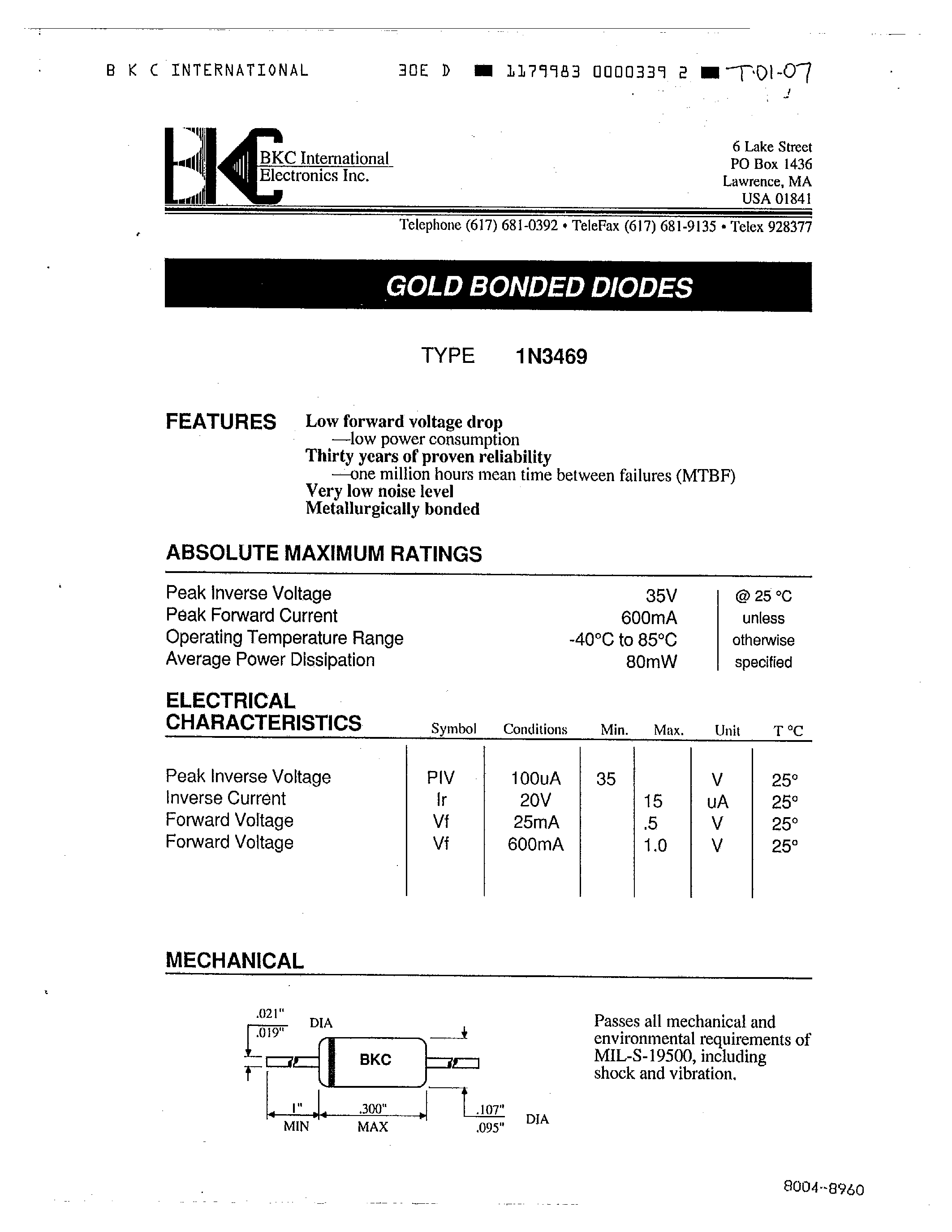 Datasheet 1N3469 - GOLD BONDED DIODES page 1