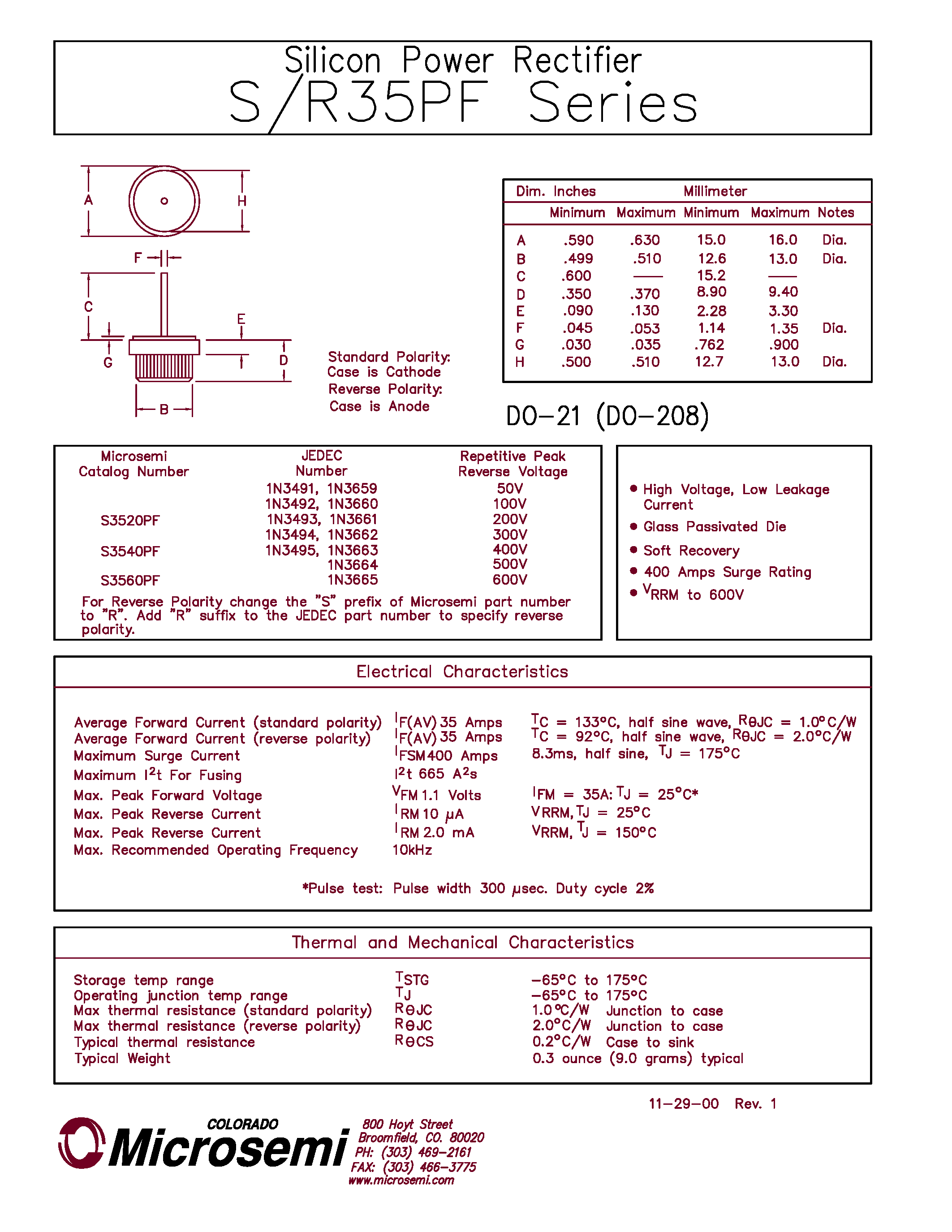 Datasheet 1N3491 - Silicon Power Rectifier page 1