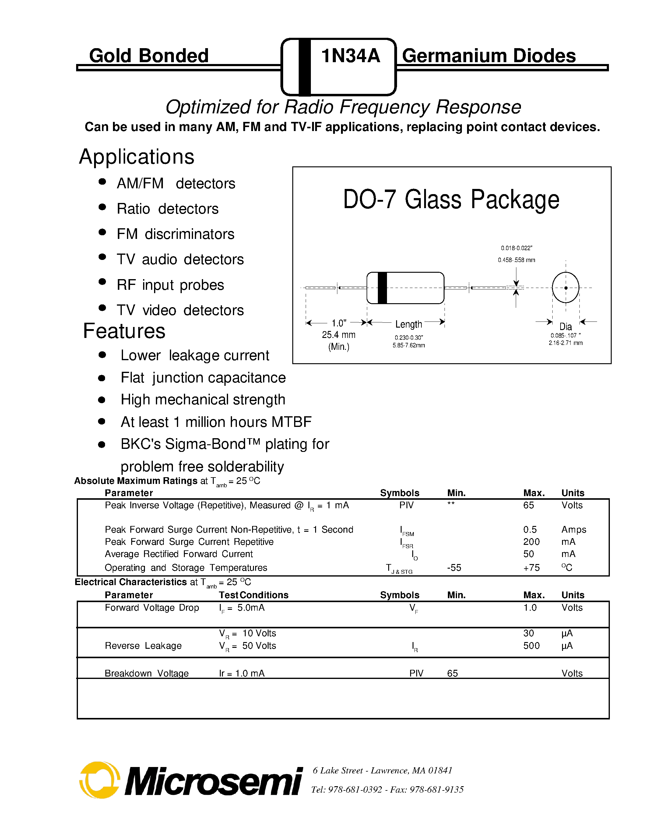 Datasheet 1N34A - Optimized for Radio Frequency Response page 1