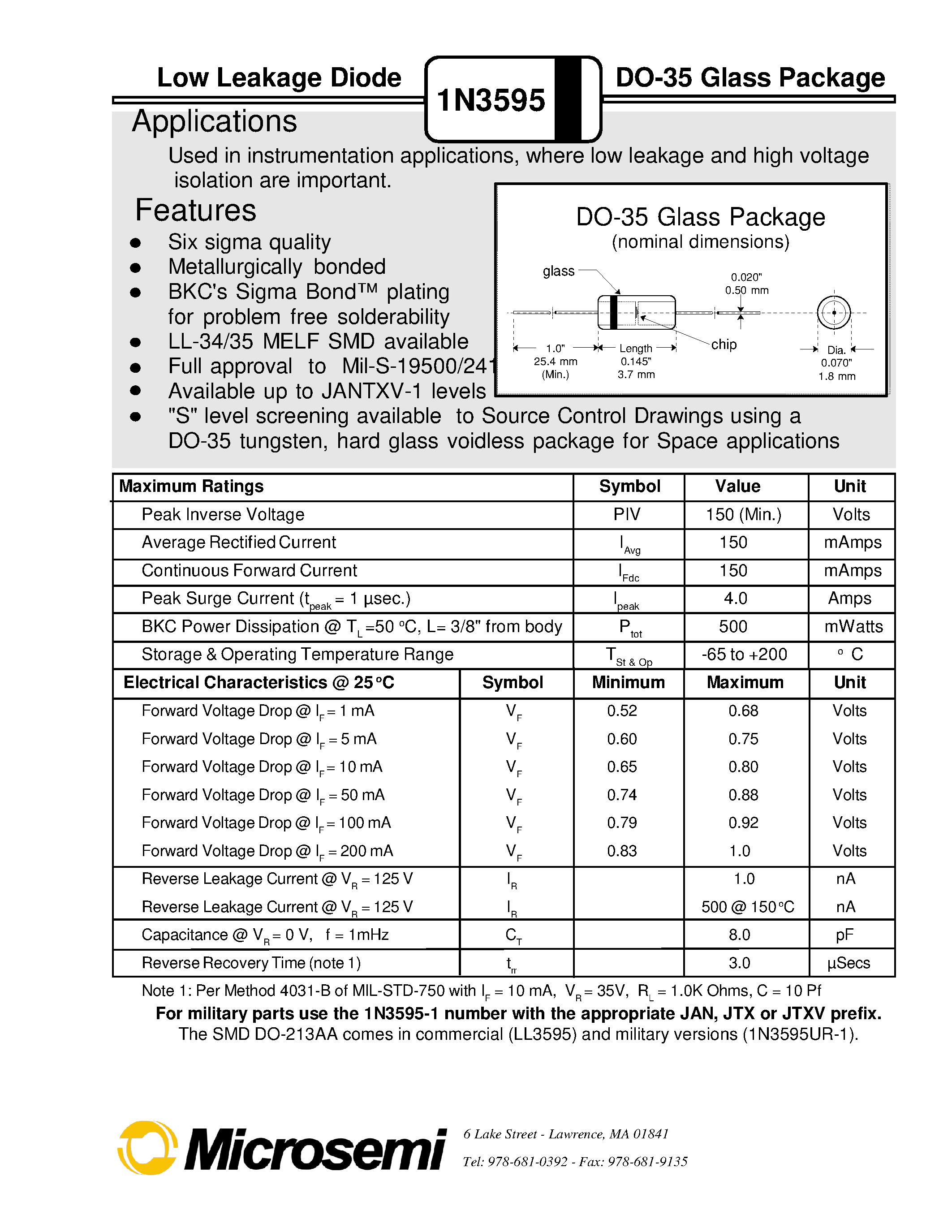 Datasheet 1N3595 - Low Leakage Diode page 1