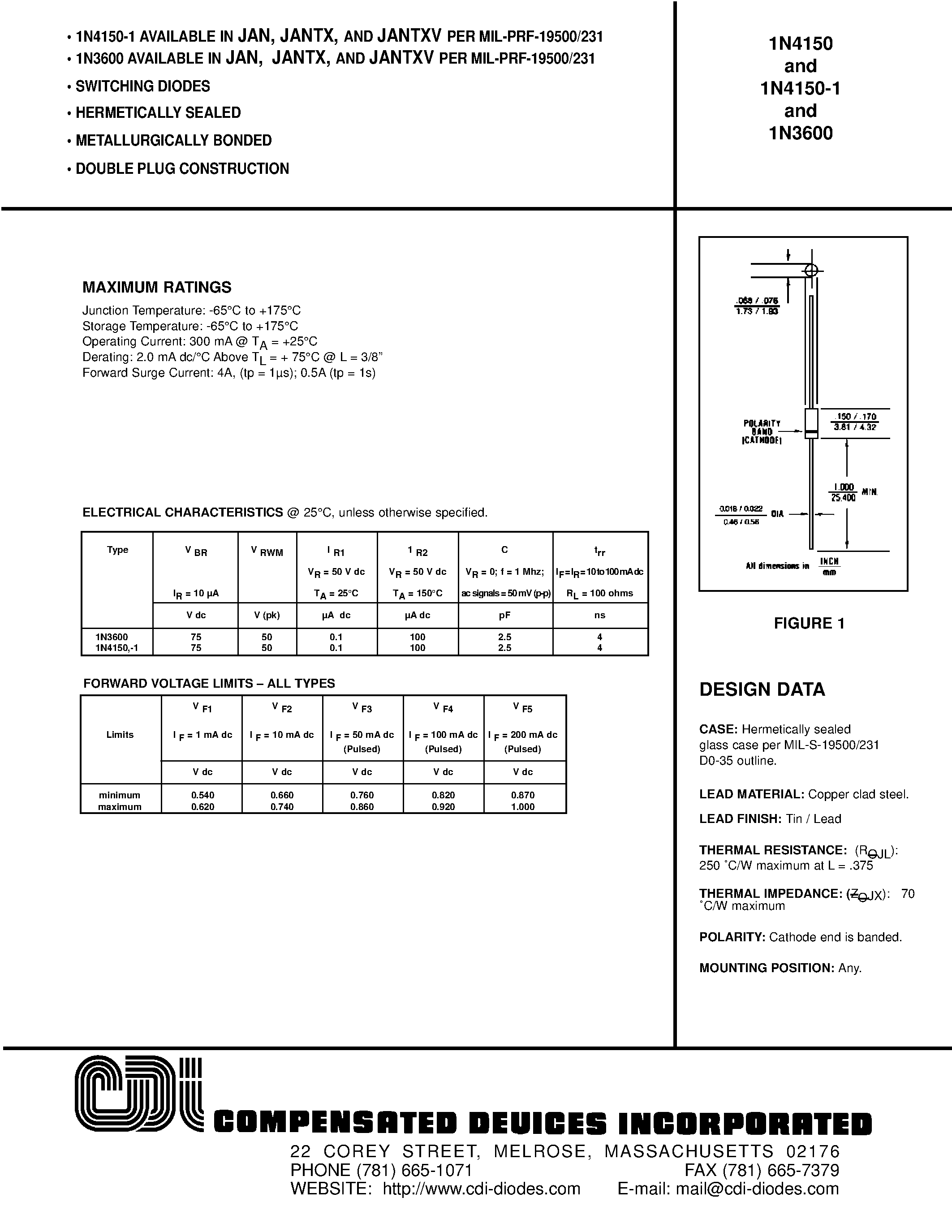 Datasheet 1N3600 - SWITCHING DIODES page 1