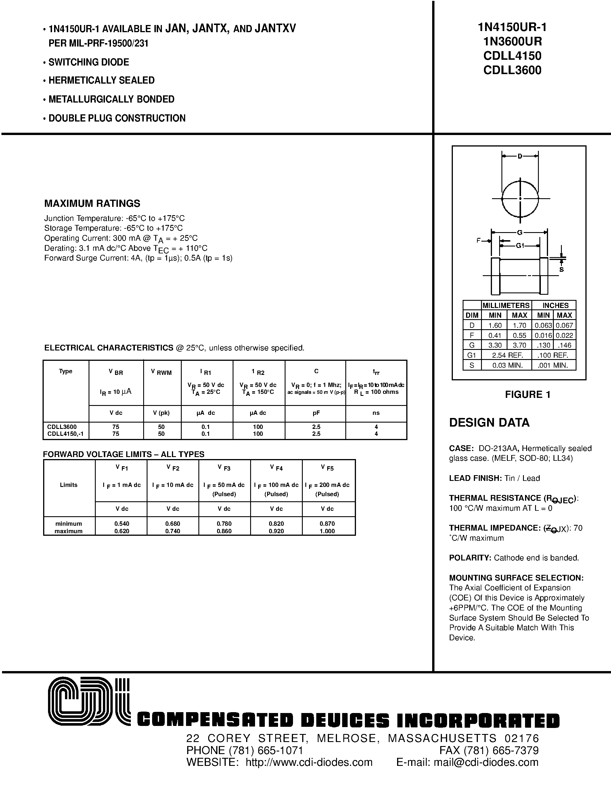 Datasheet 1N3600UR - SWITCHING DIODE page 1