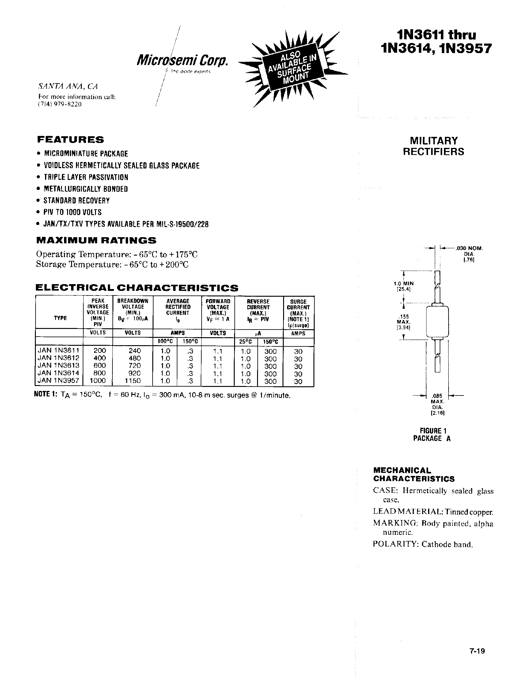 Datasheet 1N3612 - MILITARY RECTIFIERS page 1