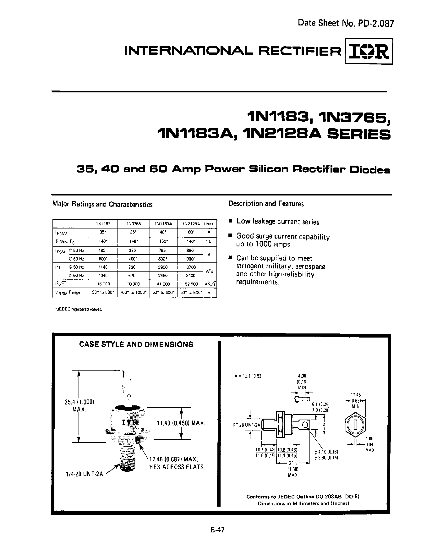 Datasheet 1N3765 - 35/40/and 60 Amp Power Silicon Rectifier Diodes page 1