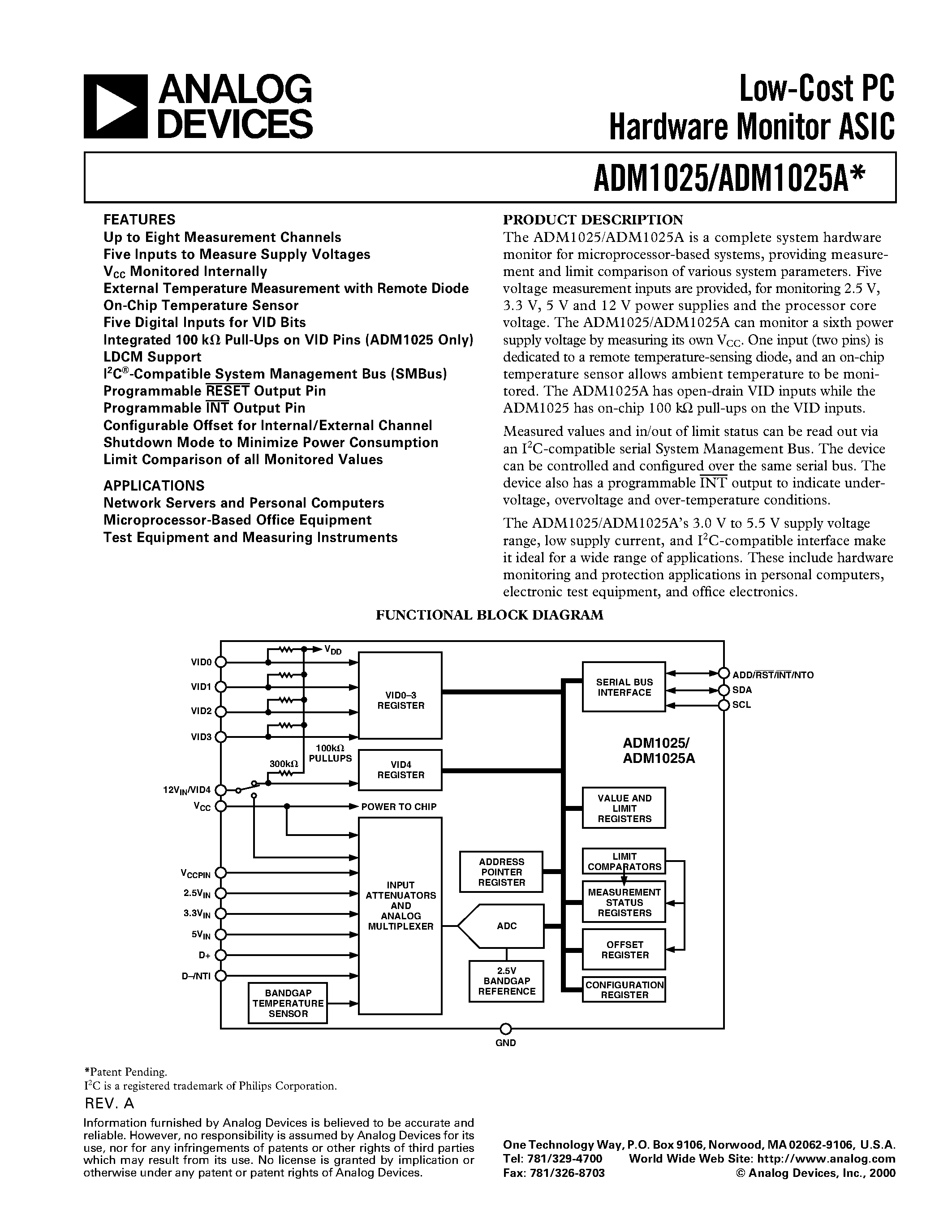Даташит ADM1025 - Low-Cost PC Hardware Monitor ASIC страница 1