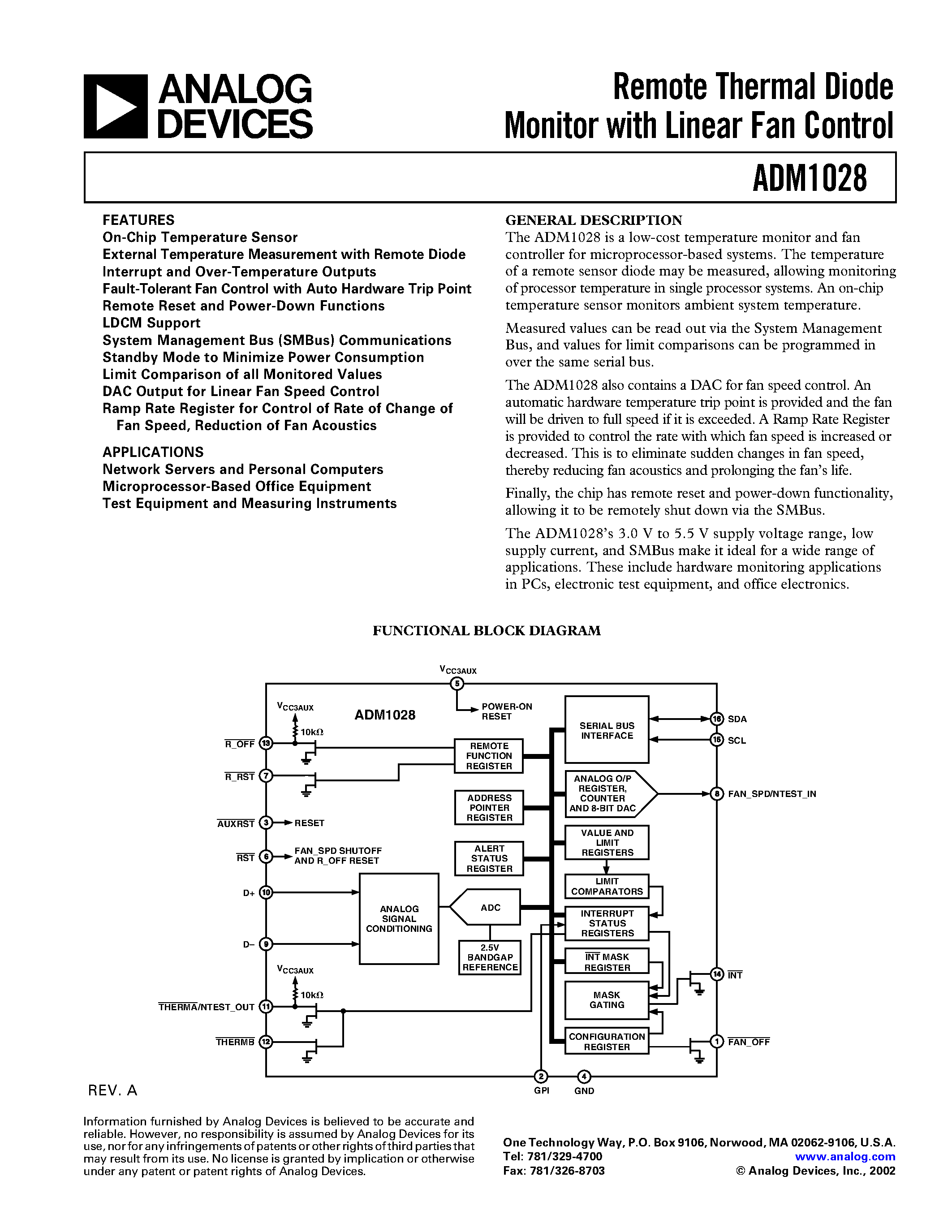 Datasheet ADM1028 - Remote Thermal Diode Monitor with Linear Fan Control page 1