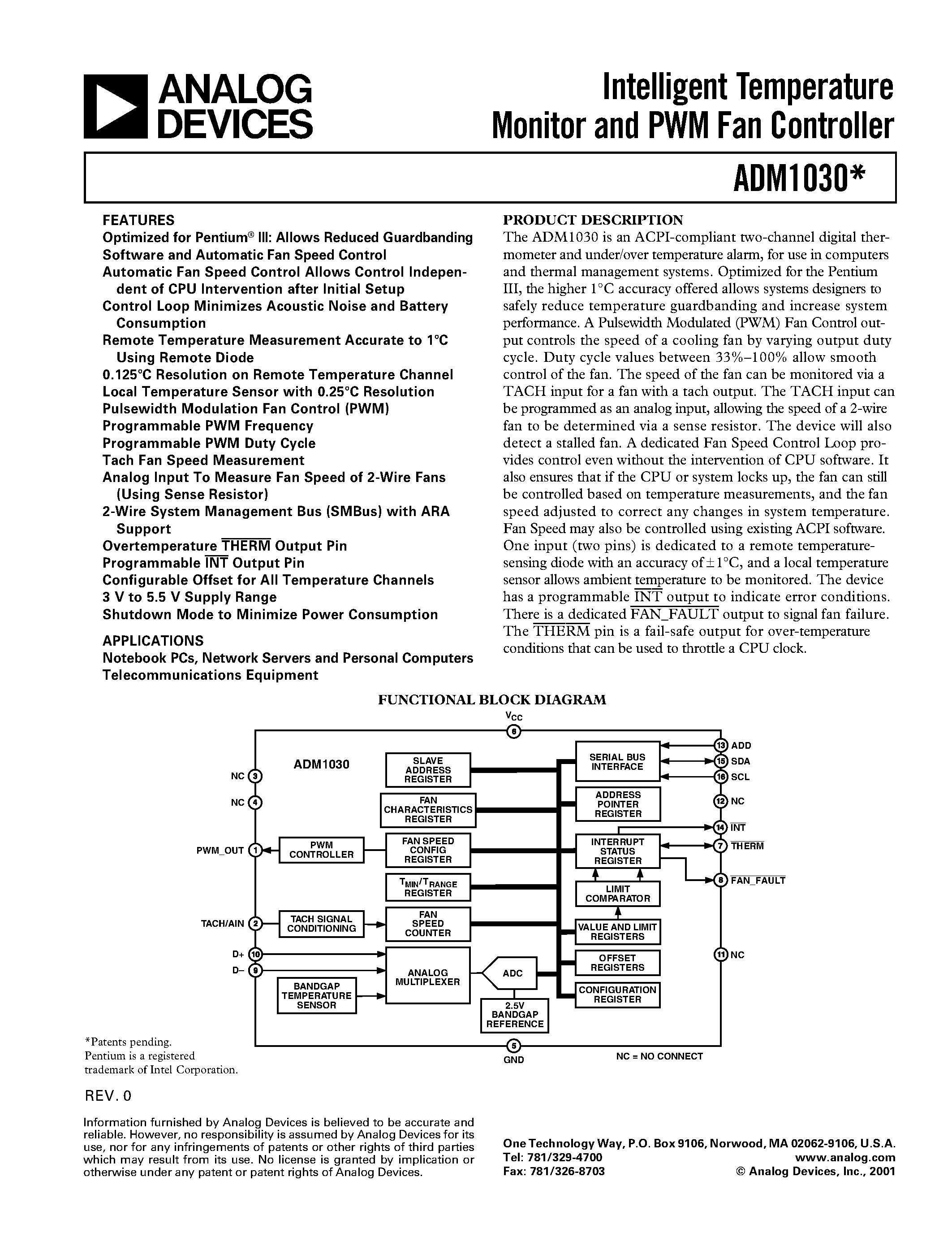 Datasheet ADM1030ARQ - Intelligent Temperature Monitor and PWM Fan Controller page 1