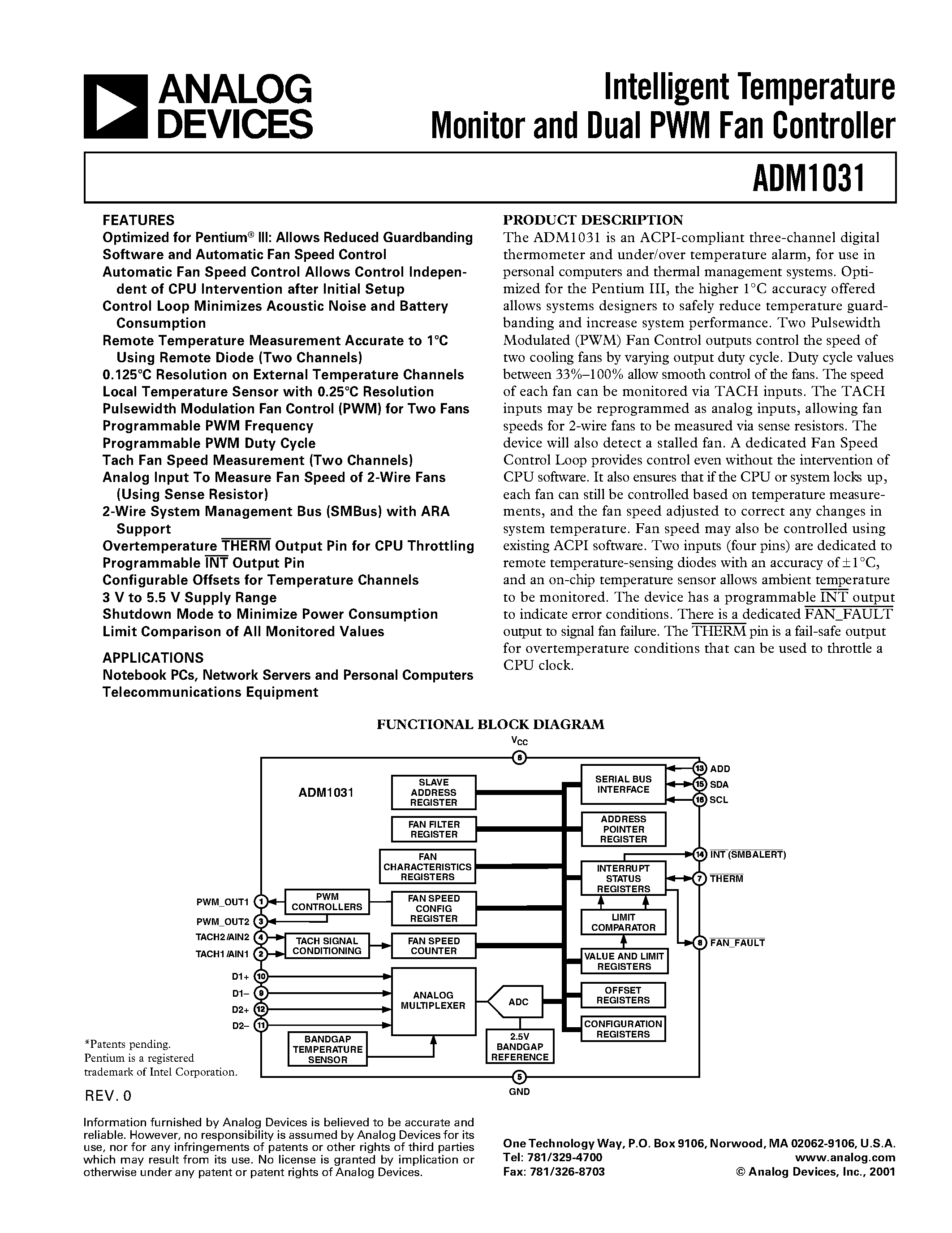 Datasheet ADM1031 - Intelligent Temperature Monitor and Dual PWM Fan Controller page 1