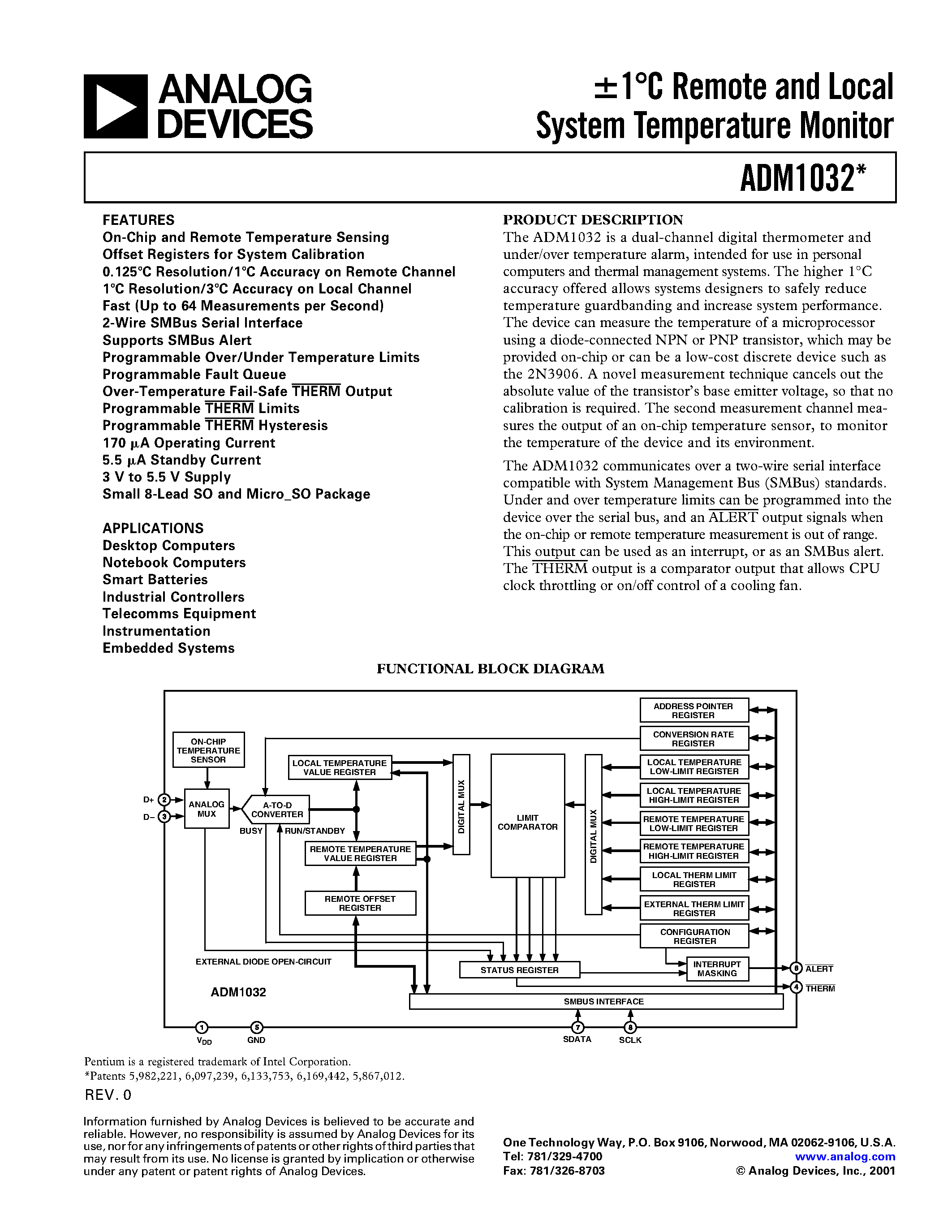 Даташит ADM1032AR - +-1C Remote and Local System Temperature Monitor страница 1