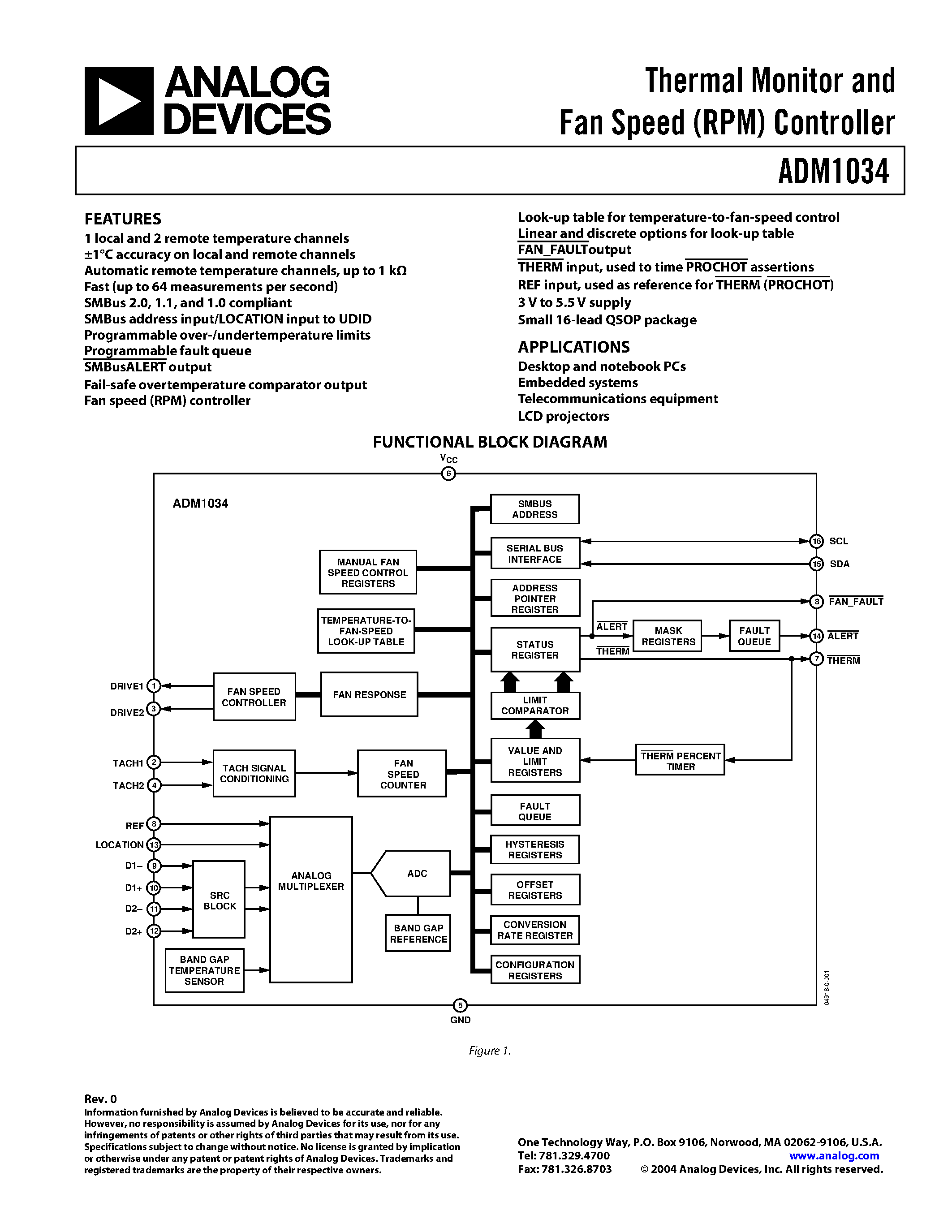 Даташит ADM1034 - Thermal Monitor and Fan Speed (RPM) Controller страница 1